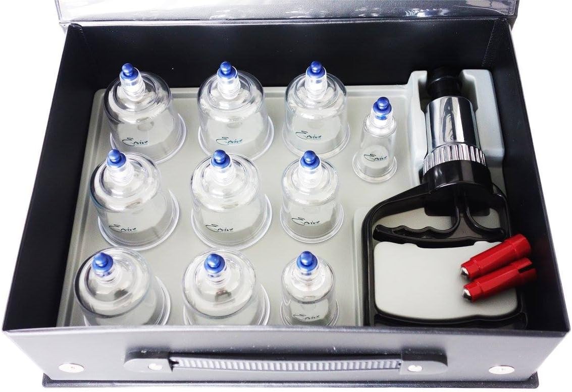 Cupping Therapy Set: 10 Cupping Cups, Hand Pump for Chinese Massage, Suction Pump and Cups, Cupping, hand pump. Body Muscle Pain Relief. Envive Wellness Cupping Set.
