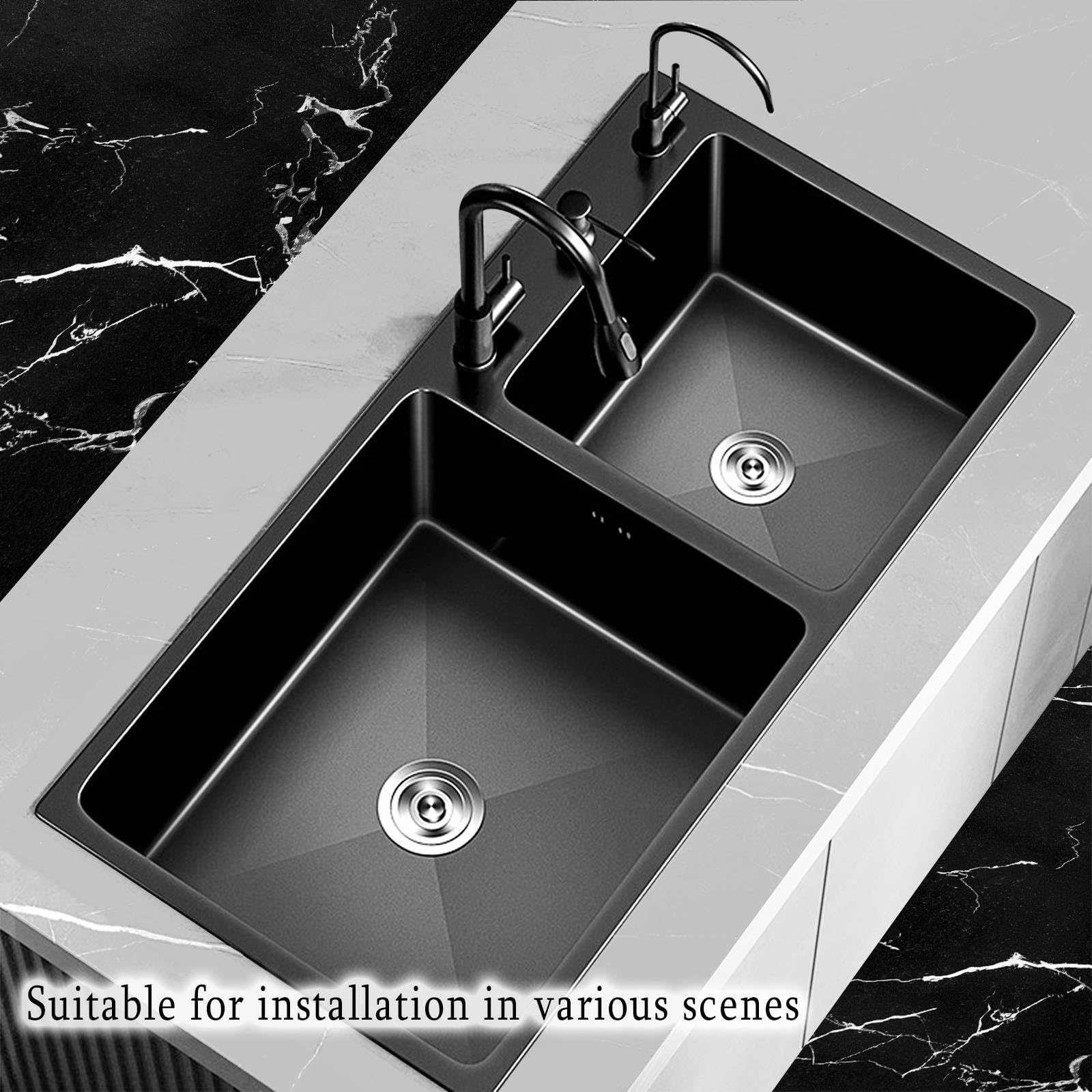 Lavandino cucina Lavello acciaio inox 2 vasche Con rubinetto e dosatore sapone estraibili e accessori per lavello. (78 * 43CM, Nero)