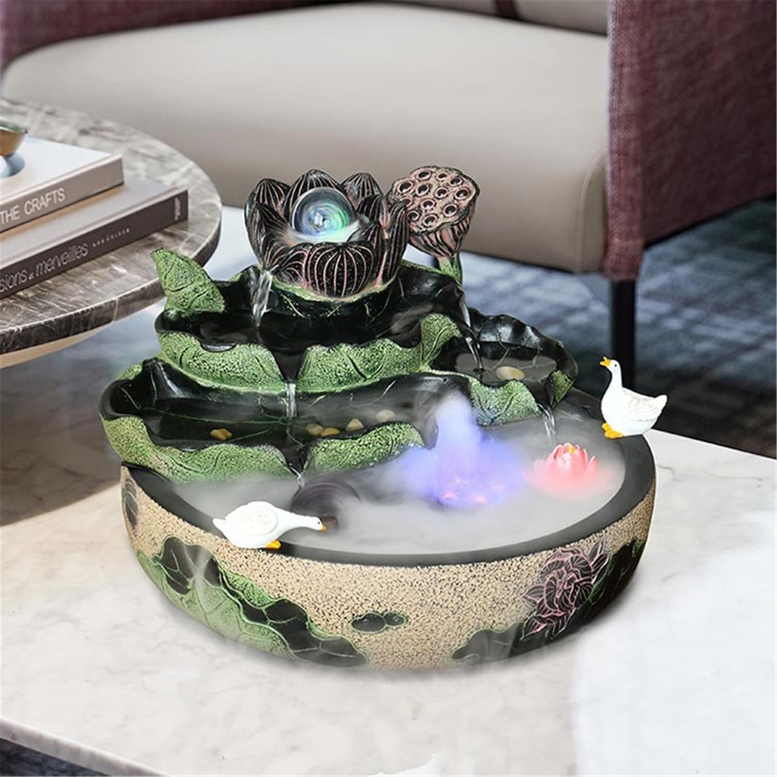 Fuente De Cascada para Interiores, Fuente De Agua De Sobremesa con Loto Chino Y Adornos Fluidos.