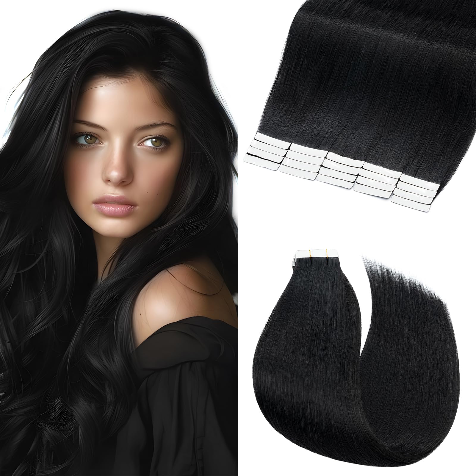 Elailite Tape in Hair Extensions Real Human Hair 20 PCS 24 Inch 50g Long Straight Skin Weft Remy Hair Extension - #1 Jet Black