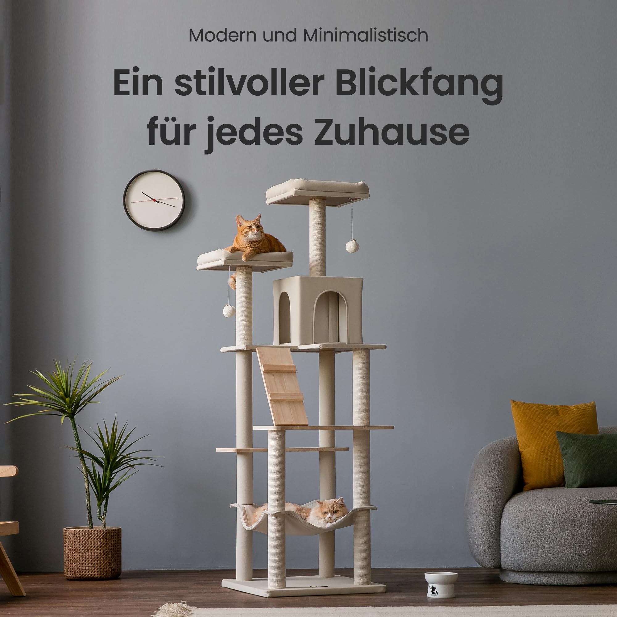 Moderner Kratzbaum, 178 cm Großer Katzenturm aus Holz für Wohnungskatzen, Mehrstöckiges Hochhaus-Katzenhaus mit Kratzpfosten, Gepolsterten Liegeflächen, Hängematte, Spielzeug zum Jagen, Beige
