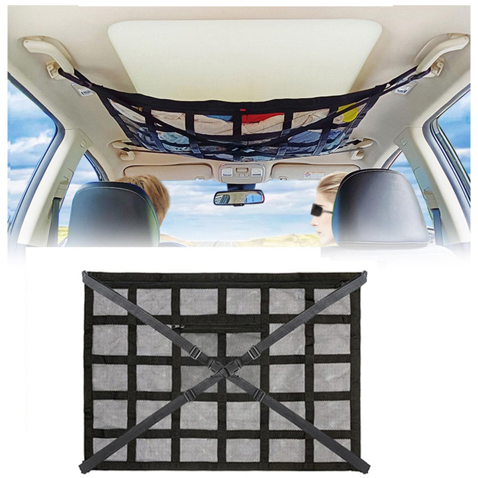 WACDXST Car Ceiling Cargo Net Pocket, for BMW F10 E36 E39 E30 X3 E83 E90 E60 X5 E53 F30 E34 X5 E70 Strengthen Load-Bearing and Droop Less Double-Layer Mesh Roof Storage Organizer,B 90 * 65cm