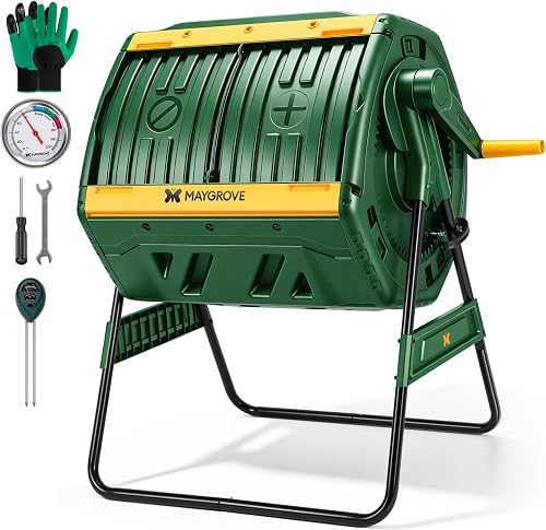 MAYGROVE 53 Gallon Dual Chamber Compost Tumbler - 360° Rotating Outdoor Bin with Thermometer & Soil Tester MAYGROVE 53 Gallon Dual Chamber Compost Tumbler - 360° Rotating Outdoor Bin with Thermometer & Soil Tester