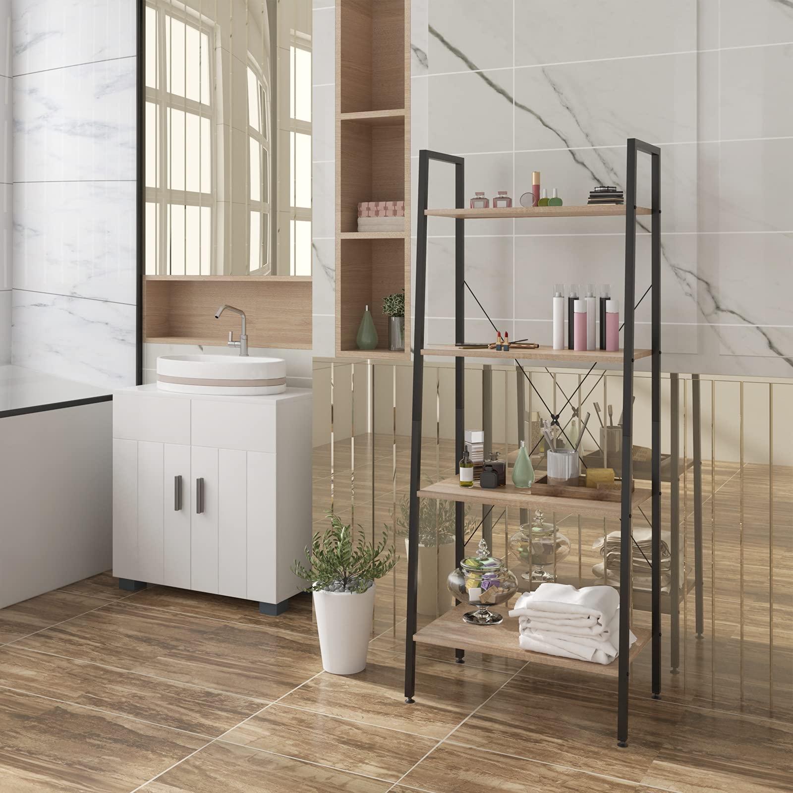 WOLTU Scaffale a Scala in Legno Libreria a 4 Ripiani per Soggiorno Fioriera Balcone, 60x35x148 cm Rovere Chiaro+Nero RGB9283hei