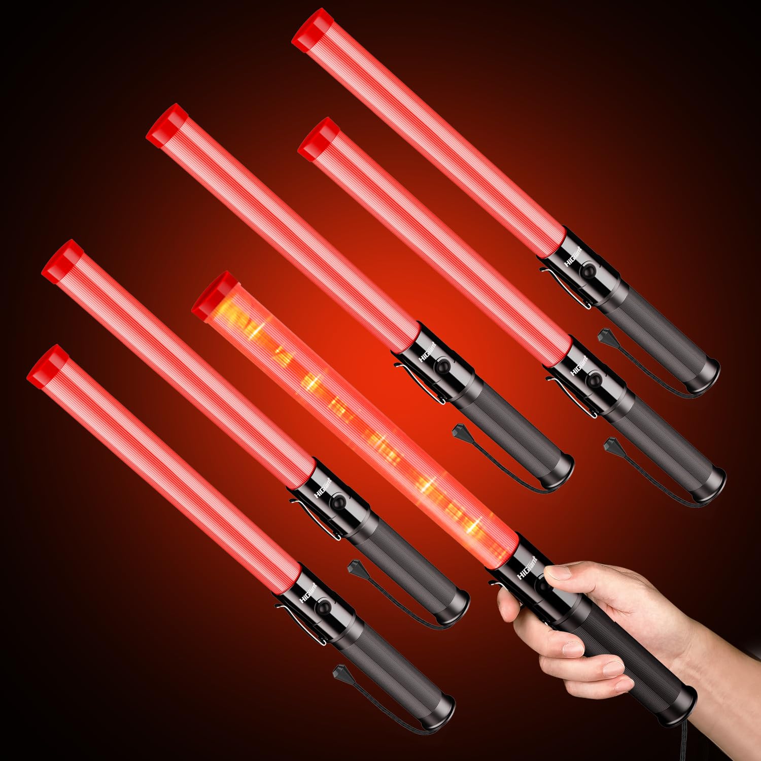 HiGiant 6 Pack 16 Inch Traffic Wand, LED Traffic Control Baton, Red Light Wands with Flashing Modes, Air Traffic Control Light with Side Clip for Parking Direct, Airport Safety