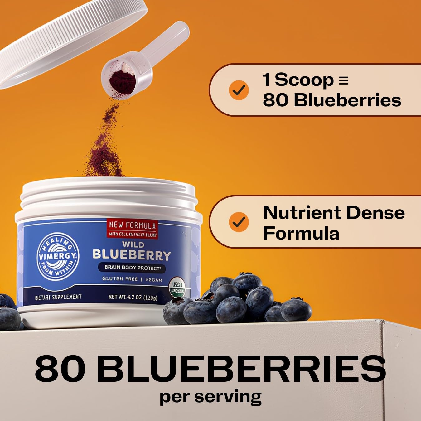 Vimergy Wild Blueberry Powder, 30 Porzioni – Polvere di Mirtilli Selvatici da Mirtilli Interi - Integratore Mirtillo Vegano – Senza Zuccheri Aggiunti o Riempitivi – Senza OGM e Senza Glutine (120 g)