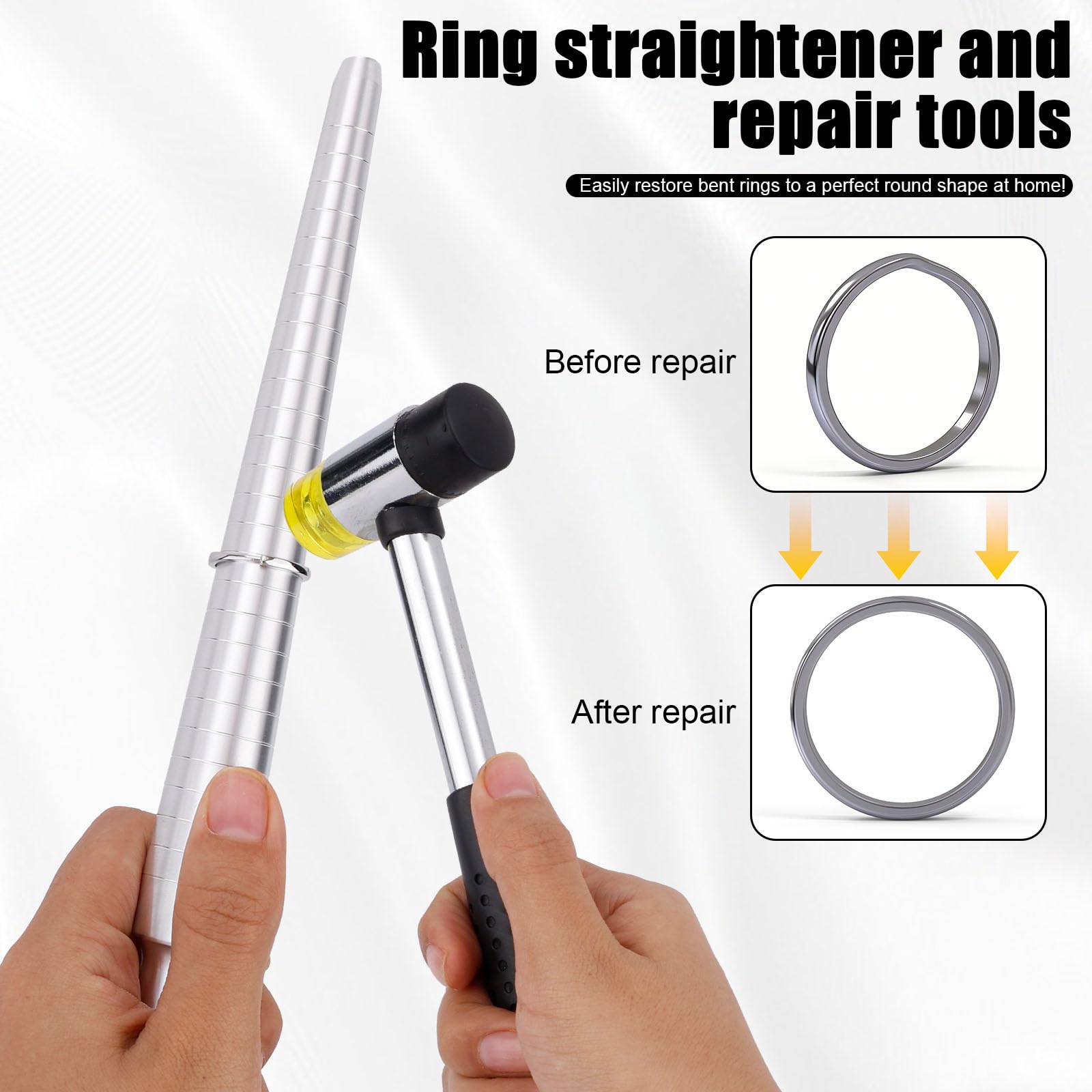 Juego de Herramientas para Calibrar Anillos y Pulseras, con Mandril de Acero Inoxidable con Mazo Goma Ajustar El Tamaño y Dar Forma a Las Joyas Kit Reparación para Hacer Joyas Tú Mismo