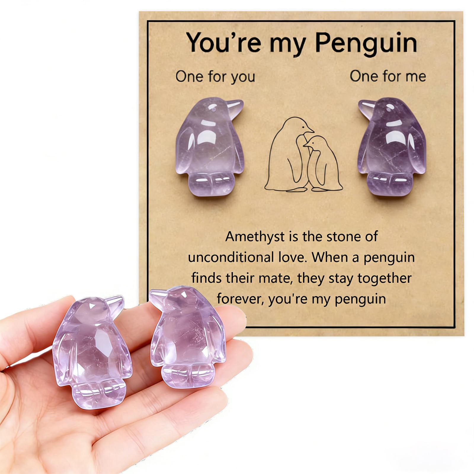 Virelle 2 Cute Rose Quartz Penguin Healing Crystal Gifts for Women, Anxiety Relief Worry Stones for Stress & Anxiety, Crystal Animal Ornaments for Boyfriend Girlfriend Wife Husband (Amethyst)