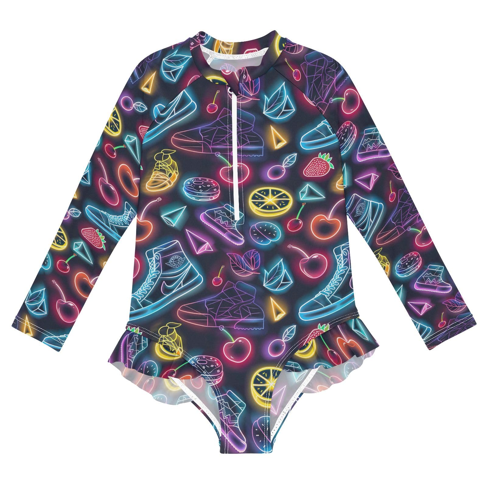 CHIFIGNO Neon Fruits and Shoes One Piece Girls Swimsuit Rashguard UPF 50+ Long Sleeve Ruffles Swimwear Sport Bathing Suit, Size 7-8