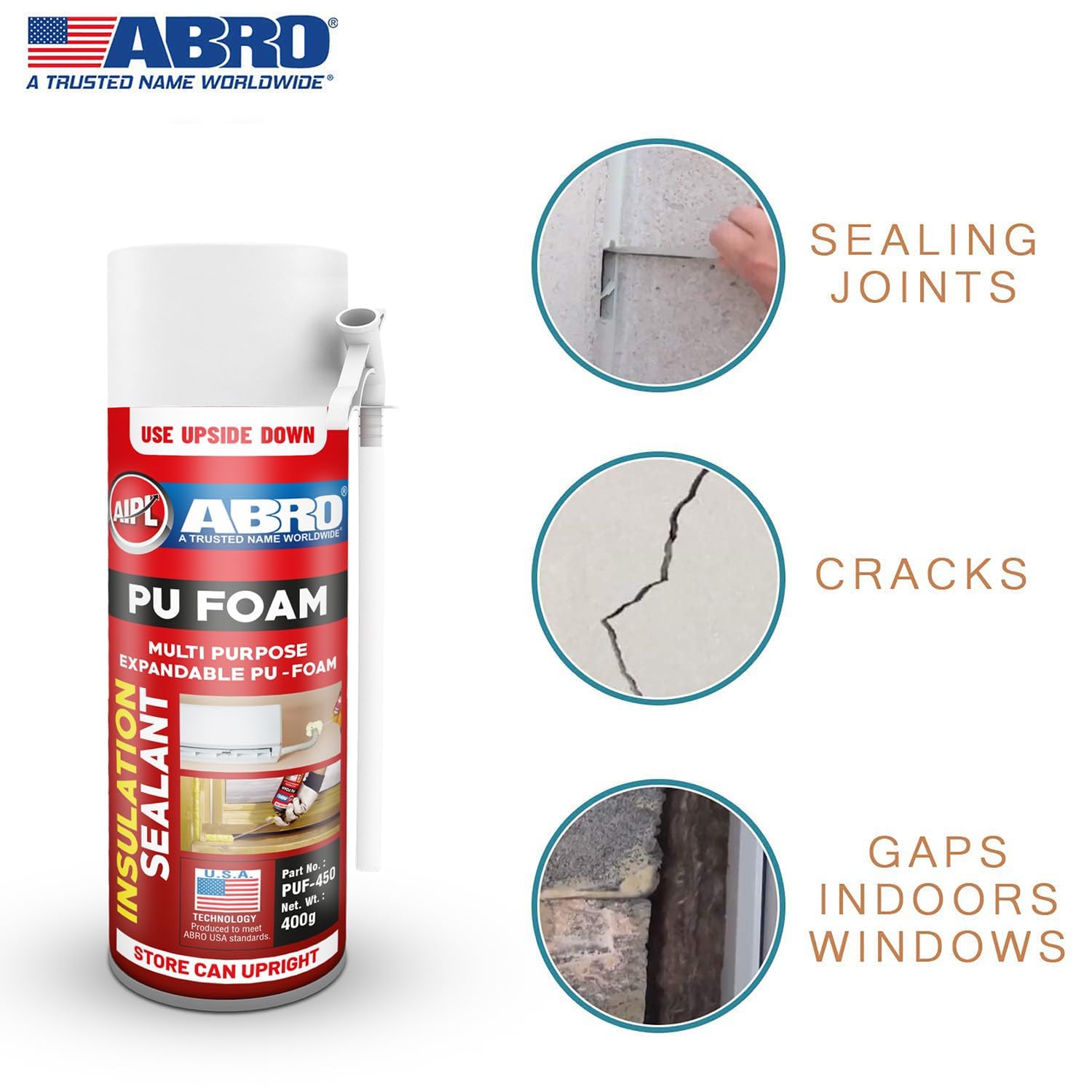 ABRO PUF-450 DIY PU Foam Sealant Spray White for Repair Bigger Large Holes Gap Crack Wall Filing Multipurpose Expandable Waterproof no Shrinkage Doors PVC Pipe & AC ducts (Pack of 12) - Image 2 thumbnail