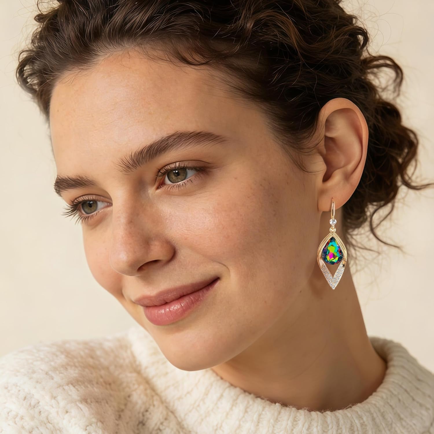 Austrian Crystal Teardrop Hollow Leaf Drop Dangle Earrings for Women 14K Rose Gold Plated Hypoallergenic Jewelry - Image 2