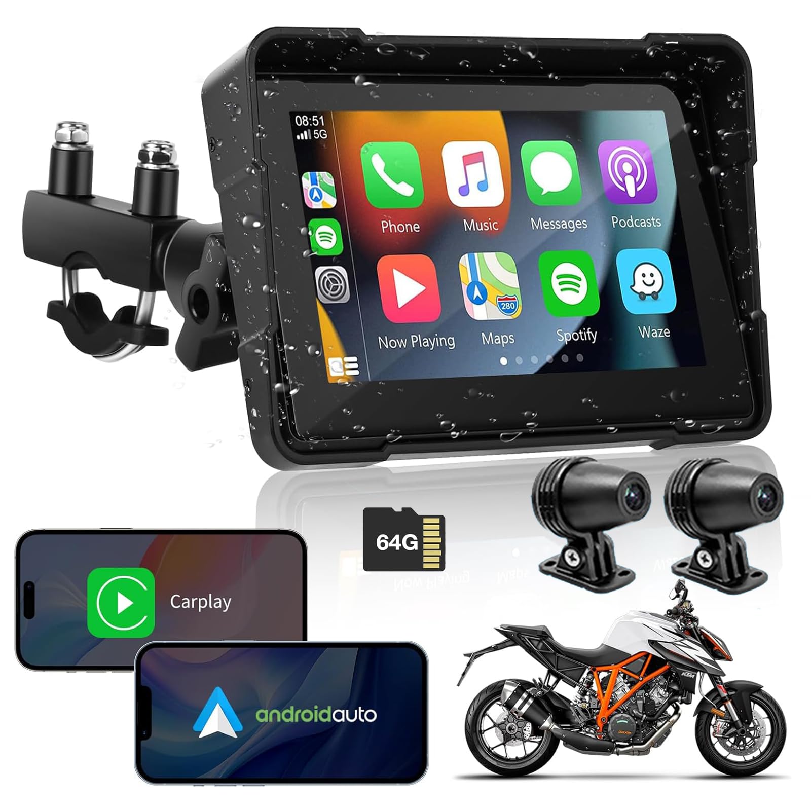 Euakee 5 Pollici Impermeabile Touch Screen Moto Car-play & Android Auto Navigatione GPS Wireless 1000 Nit