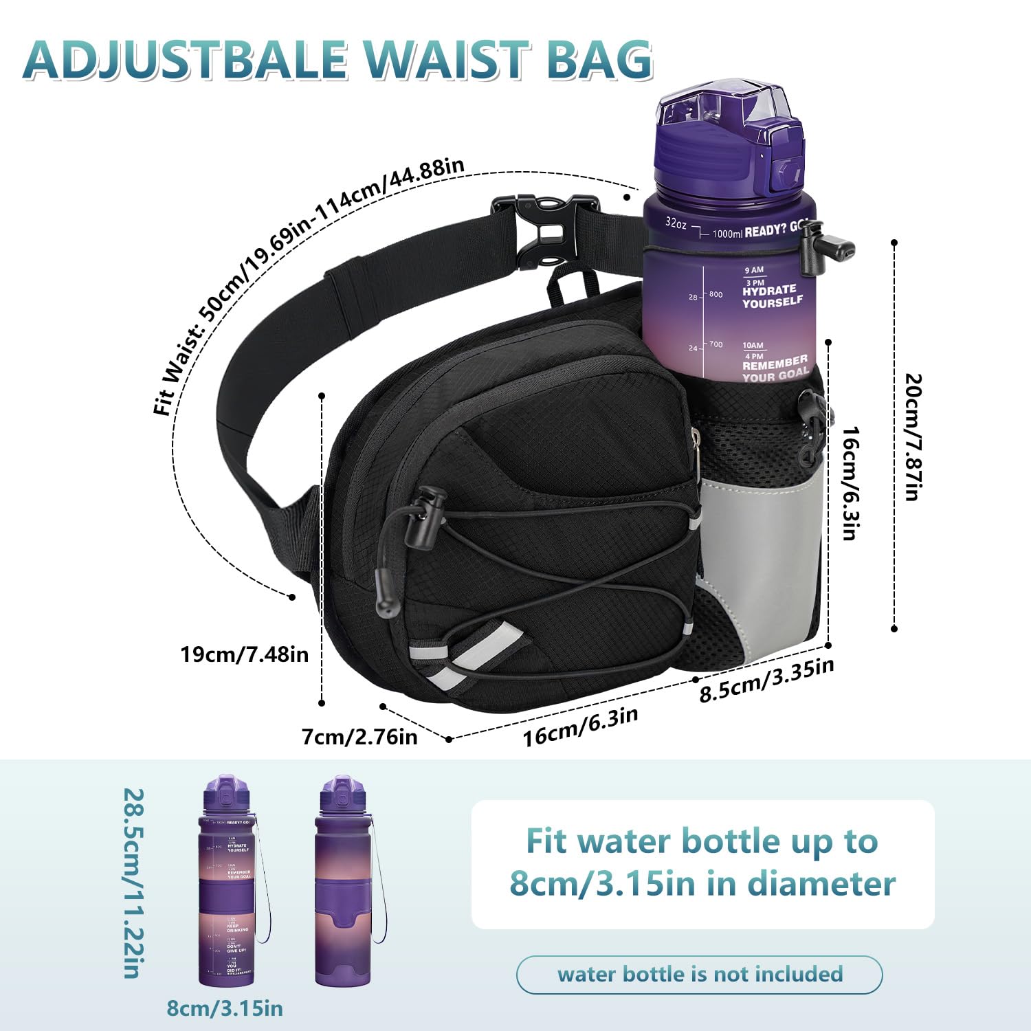 Gürteltasche mit Flaschenhalter Bauchtasche Trinkgürtel Gurt Verstellt Hüfttasche für Running Wandern Reise Camping Hundetraining für Damen und Herren