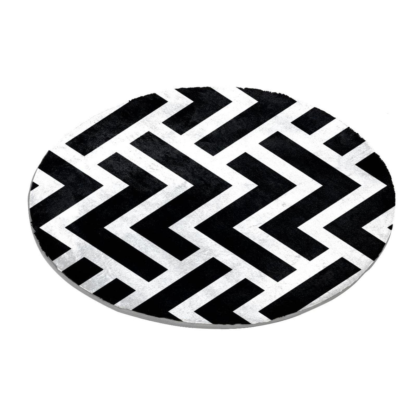 Alfombra redonda en blanco y negro con ondas geométricas para dormitorio, alfombra lanuda y suave, lavable