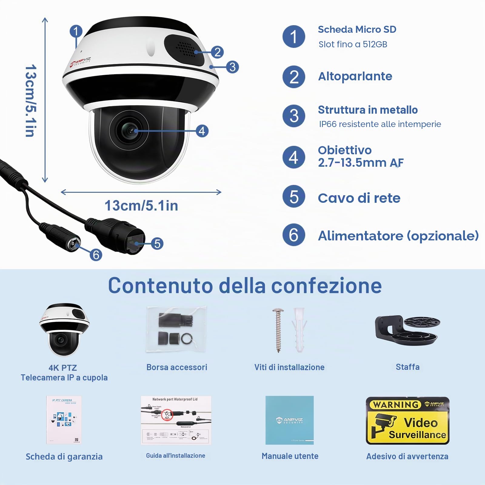 Anpviz 8MP Telecamera PTZ IP PoE Esterno, Zoom Ottico 5X, Sensore da 1/2,8" | Riconoscimento di Persone/Veicoli, H 350° V 90°, Slot per Scheda SD da 512GB, 30m Visione Notturna a Infrarossi(U Series)