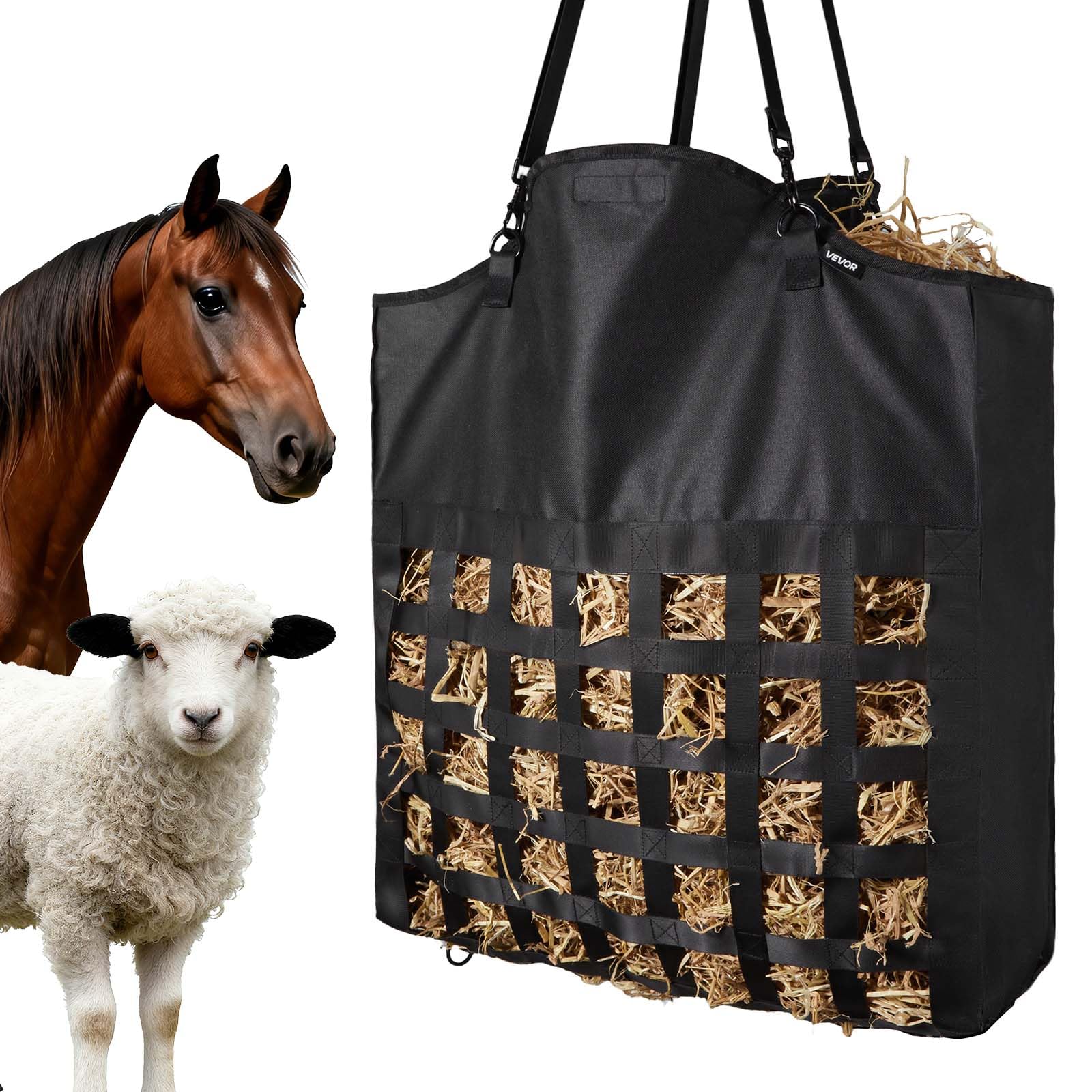 VEVOR Bolsa de Heno para Caballos, 55 x 18,5 x 64 cm, Agujeros 46 x 46 mm, Fabricada en Nailon, con Revestimiento Impermeable de PVC, Correas de Suspensión Ajustables y Ganchos Metálicos, Negro