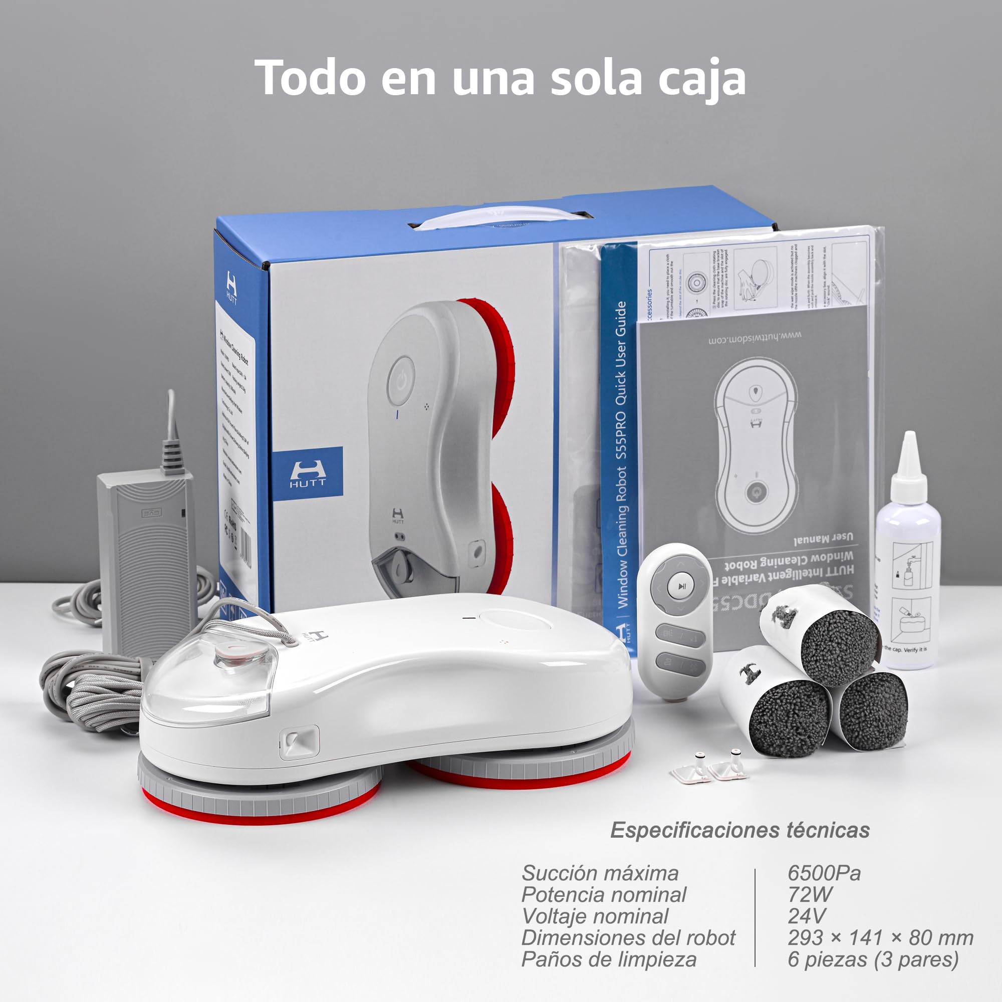 HUTT S55 Pro Robot Limpiacristales con Almohadillas 3D Flotantes, Succión hasta 6500Pa, Pulverización HydroJet, Navegación Slam 4.0, Depósito 80ml, Sistema de Seguridad Multicapa