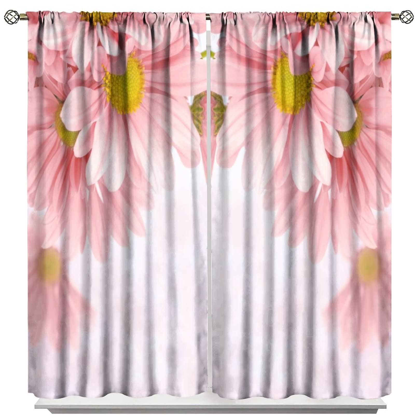 Pink Daisy Floral Bedroom Curtains,Farmhouse Country Beautiful Daisy Floral Flowers Theme Home Fabric Living Room Kitchen Bathroom Decor W63xL63in