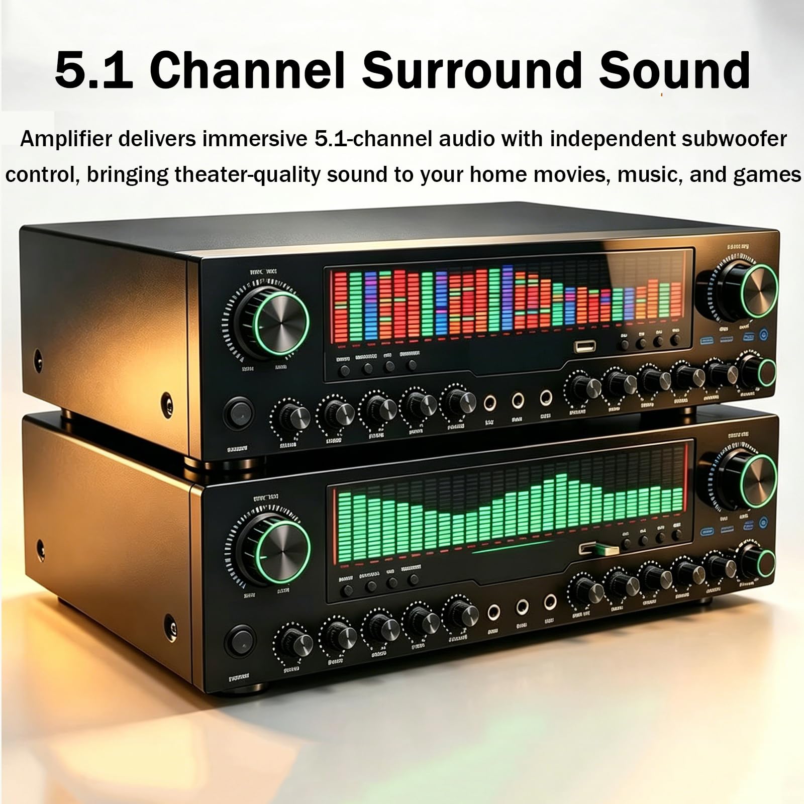 Wzmacniacz Audio Bluetooth 5.1 z korektorem graficznym, dynamicznym kolorowym wyświetlaczem LED, wejściem USB i mikrofonem, idealny do domu, karaoke i scenariusza.