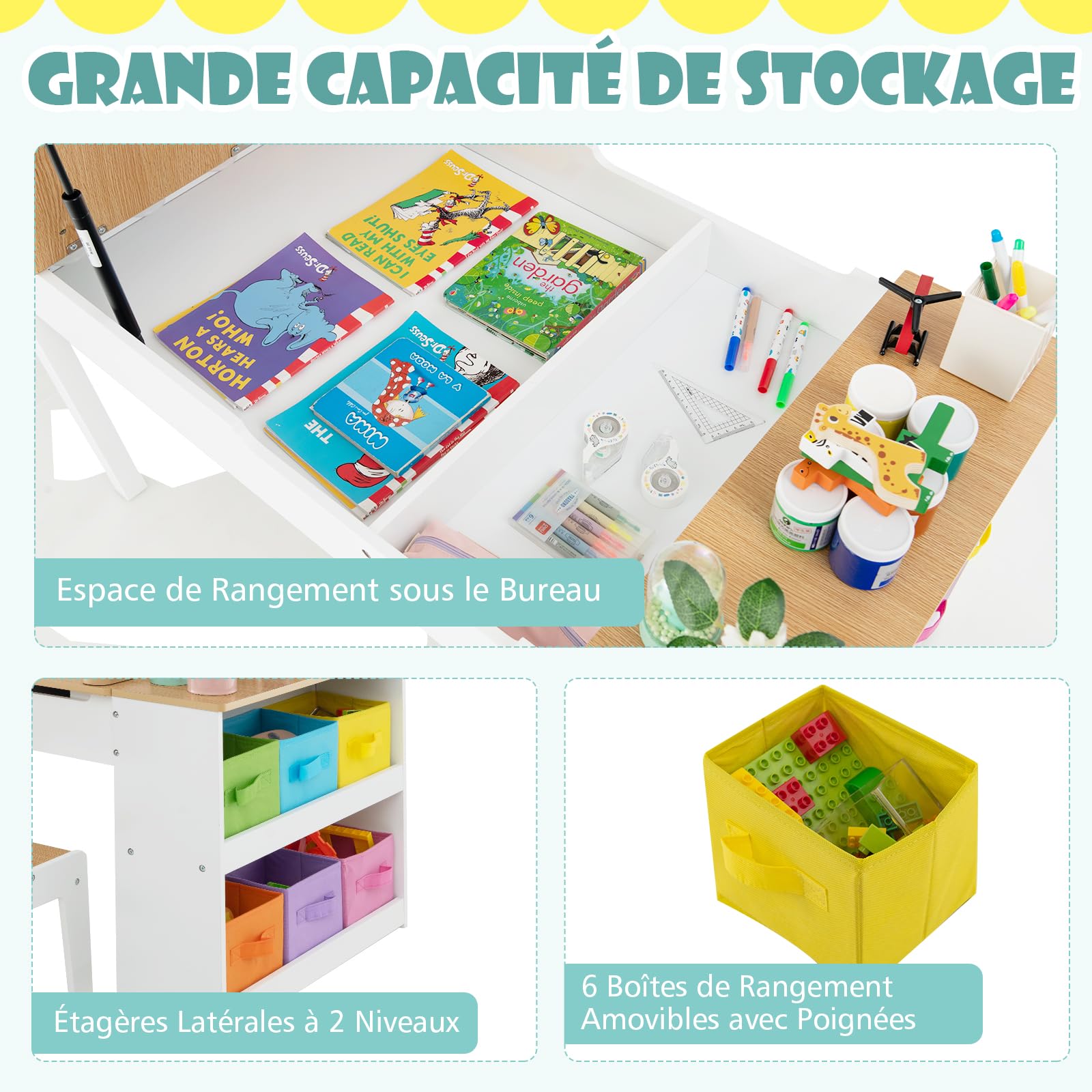 DREAMADE Table à Dessin et 2 Chaises en Bois Enfants,Bureau d'art Tout-Petits avec Plateau Inclinable&6 Tiroirs en Tissu&5 Palettes&Rouleau de Papier,Charge 91+75KG(Naturel)