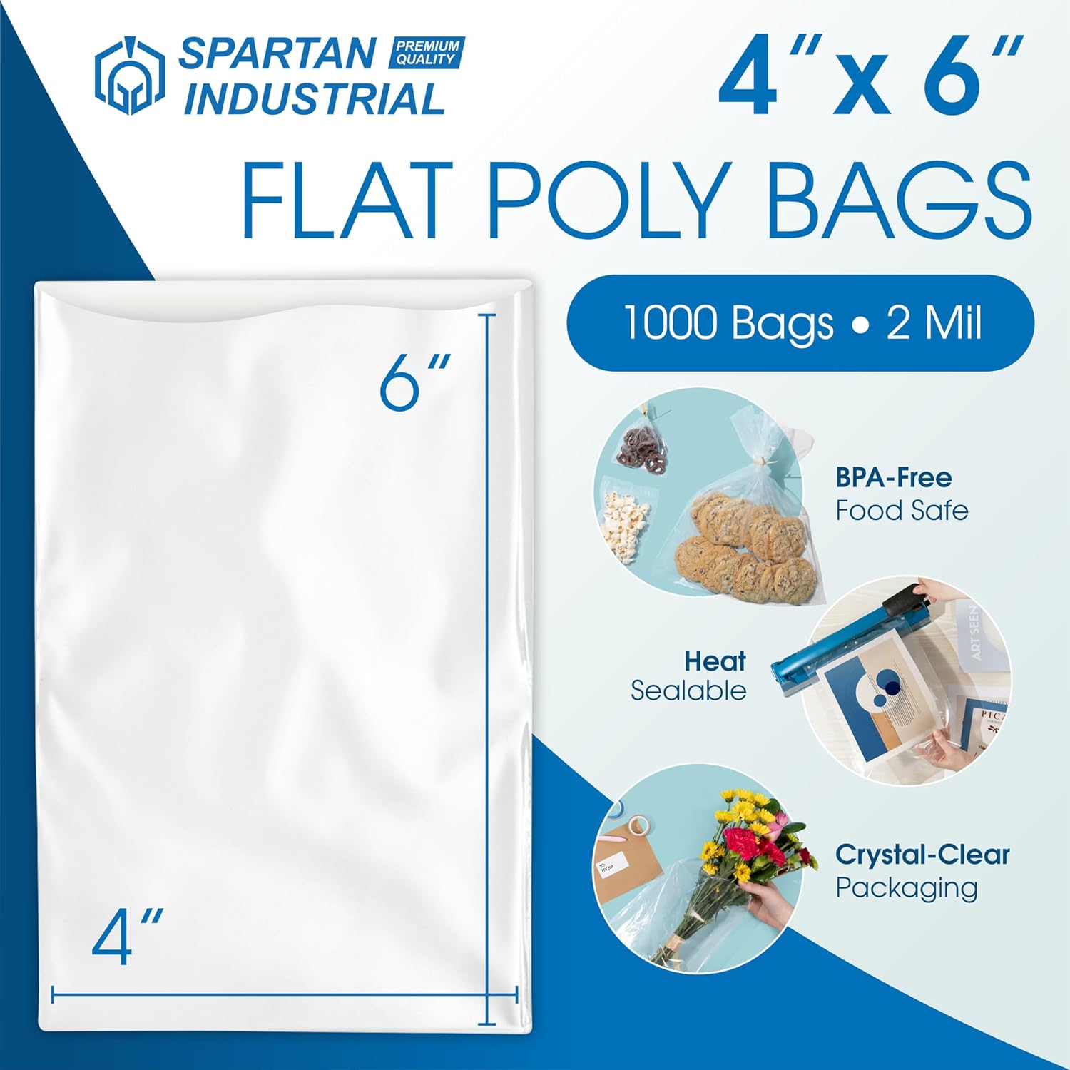 4" X 6" Open-End Flat Poly Bags (1000 Count) - 2 Mil Clear Plastic - No Adhesive Strip - For Packaging, Shipping, Storage - Spartan Industrial