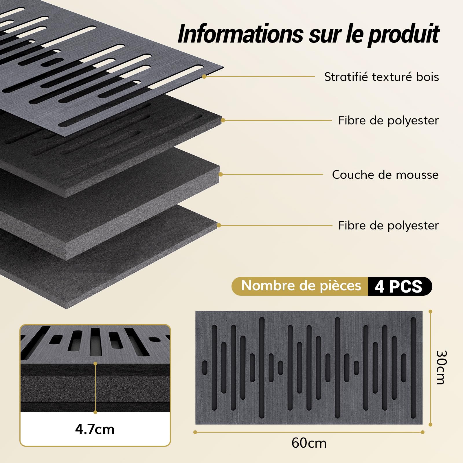 TONOR Lot de 4 Panneau Acoustique Mural, Mousse Panneau Acoustique Bois, Insonorisation Panneau Mural Mousse Anti Bruit pour Isolation Phonique pour Home, Studio, 60x30x4,7cm, Noir