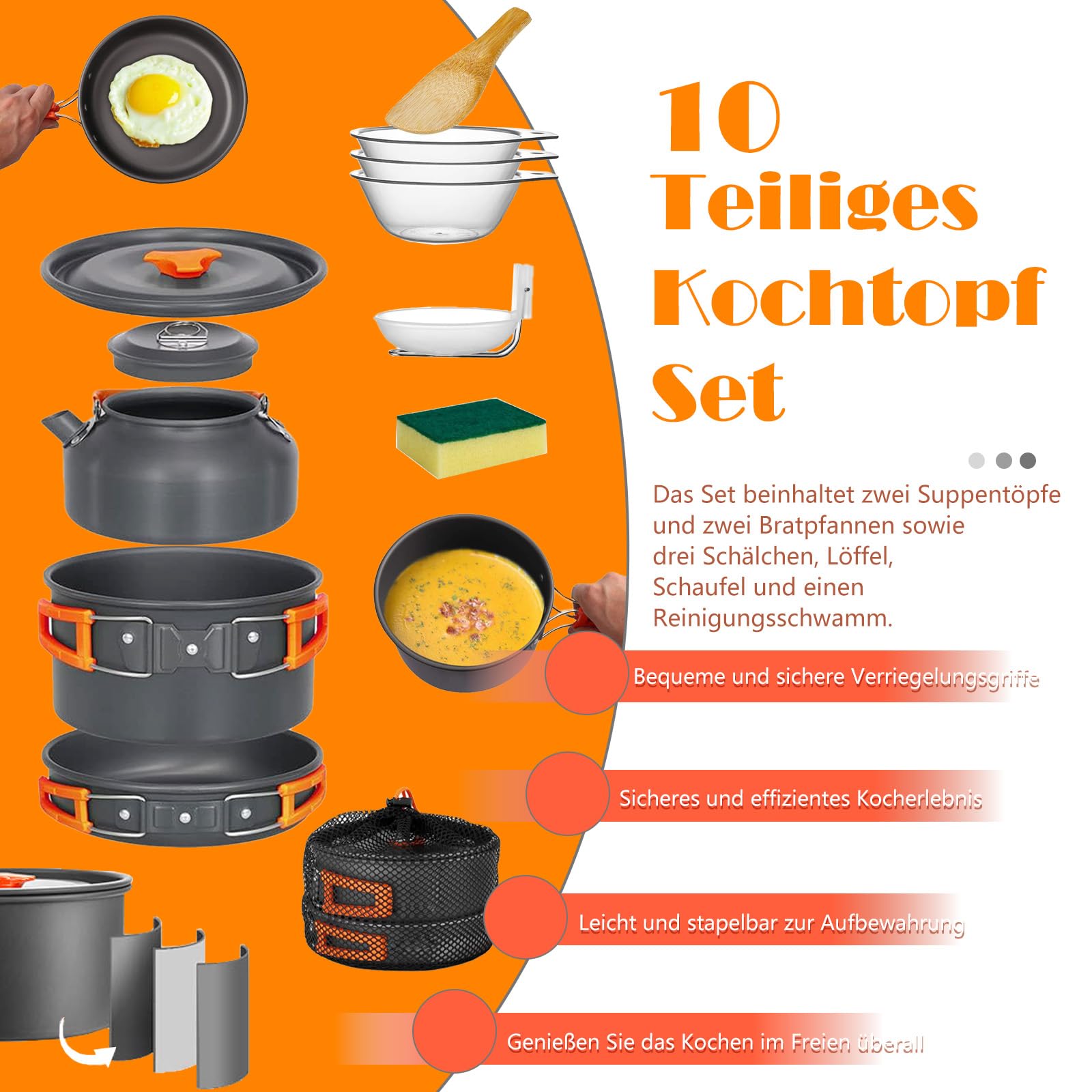 Camping Kochgeschirr Set, Outdoor Geschirr Set Kochtopf Set 10-teilig, Grillgeschirr Picknick Topf mit Aluminium Faltbare Töpfe und Pfannen, für 2-4 Personen, Outdoor Wandern Picknick BBQ