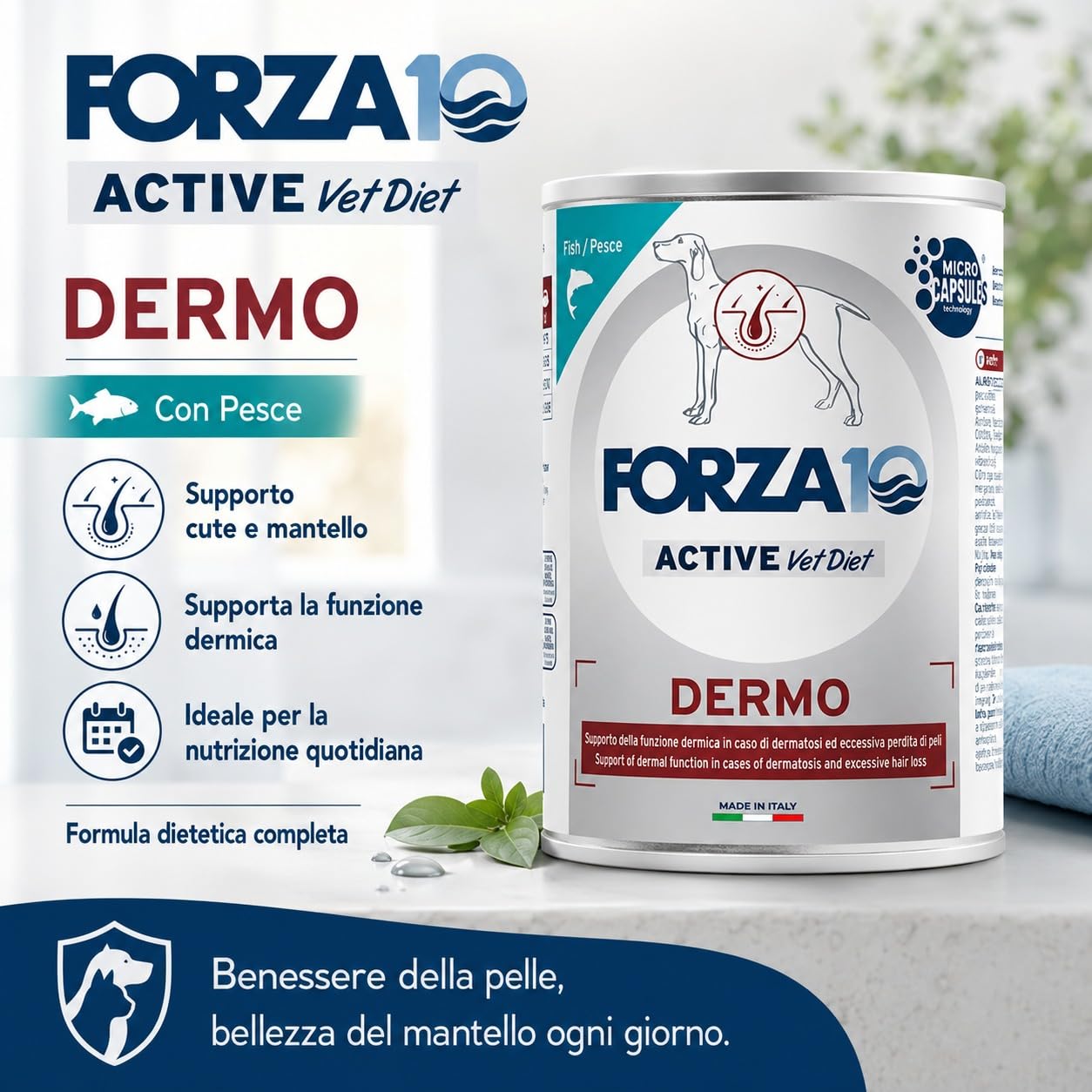 Dermo Pesce– Forza10 Diet Cibo Umido per Cani Adulti di tutte le Taglie e Razze, Monoproteico,Supporto della funzione dermica, 6 Lattine x 400g, Alimento Completo.