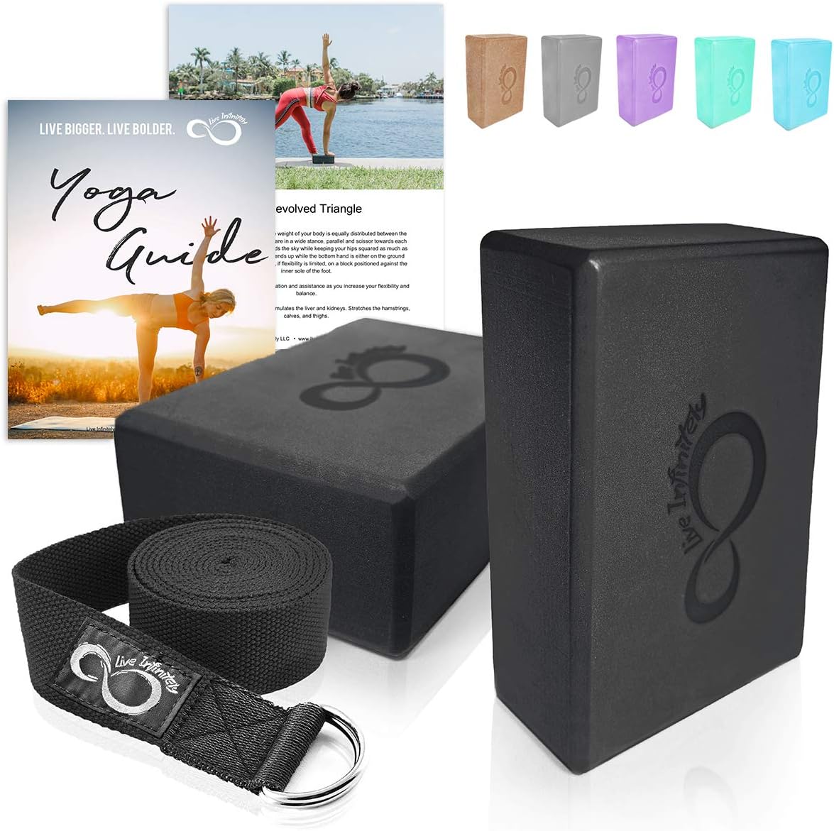 Premium Yoga Blocks & Metal D Ring Strap Yogi Set (3PC) 2 Pack High Density EVA Foam Blocks to Support & Deepen Poses, Improve Strength, Flexibility & Balance - Lightweight, Odor & Moisture Resistant
