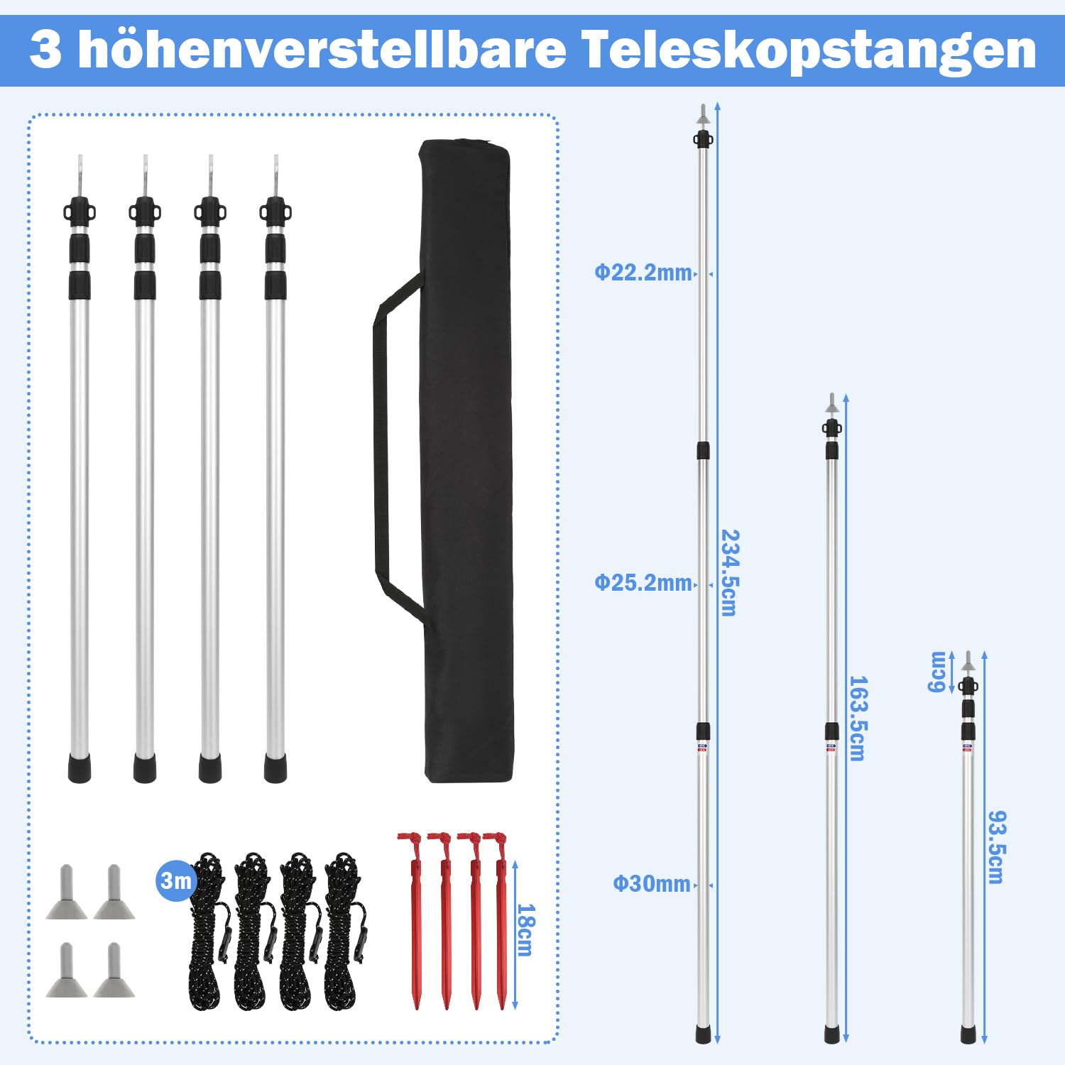 Zeltstange Teleskopstange für Zelte, Zeltstangen Aluminiumlegierung Höhenverstellbar Höhe 87–234 cm für Camping, Trekking & Outdoor, Zelt, Tarp, Sonnensegel, Plane & Wetterschutz