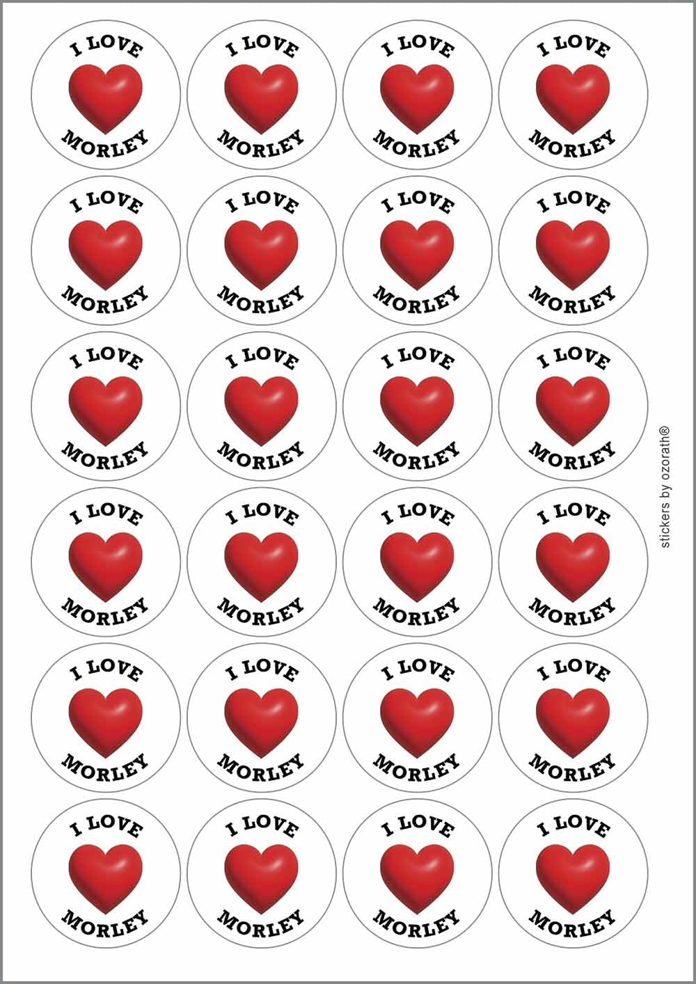 I Heart Love Morley Location Circular Matt Paper Stickers A4 Sheet of 24 (Each Sticker is 45mm Diameter)