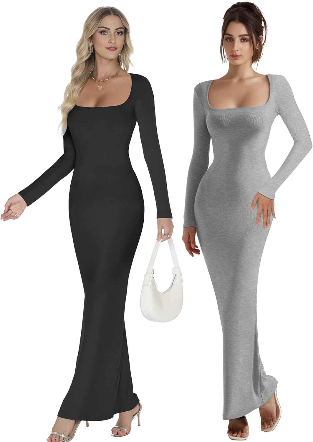 Buauty Women's Bodycon Maxi Dresses, Ribbed Square Neck Long Dress, Fall Long Sleeve Lounge Dress for Women - Image 5