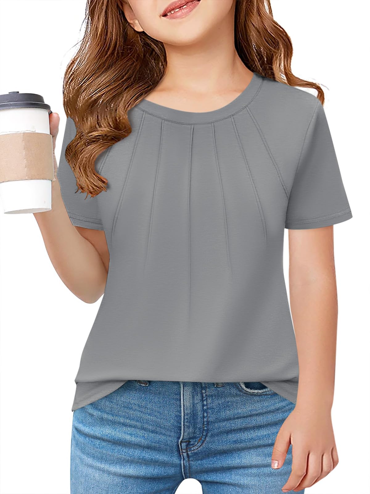 Haloumoning Girls Pleated T Shirts Kids Summer Short Sleeve Fashion Tops Tees 5-14 Years