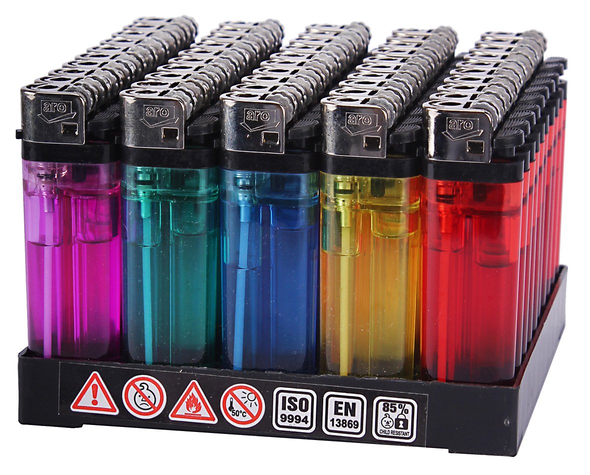 FG-Trading 100 encendedores desechables con seguridad infantil, Funcional, Rojo, Amarillo, Verde, Azul Y Blanco