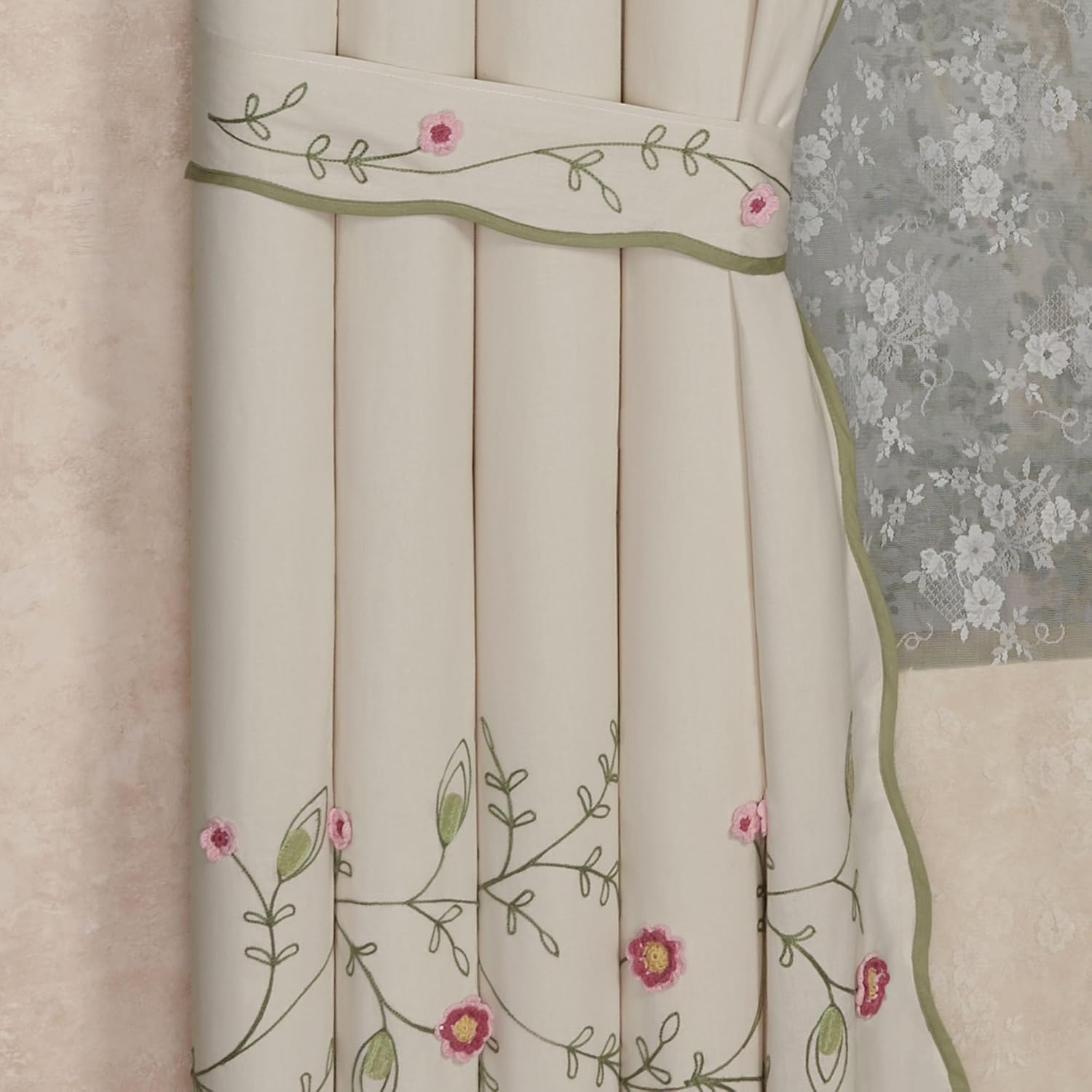Posy Cottage Garden Lined Cotton Window Treatments | Chain Stitch Embroidery & Crochet Fiber Art Floral and Leaf Vine Designs | Rod Pocket Drapery Set with Contour Swag Valance & 84L Curtain Pair