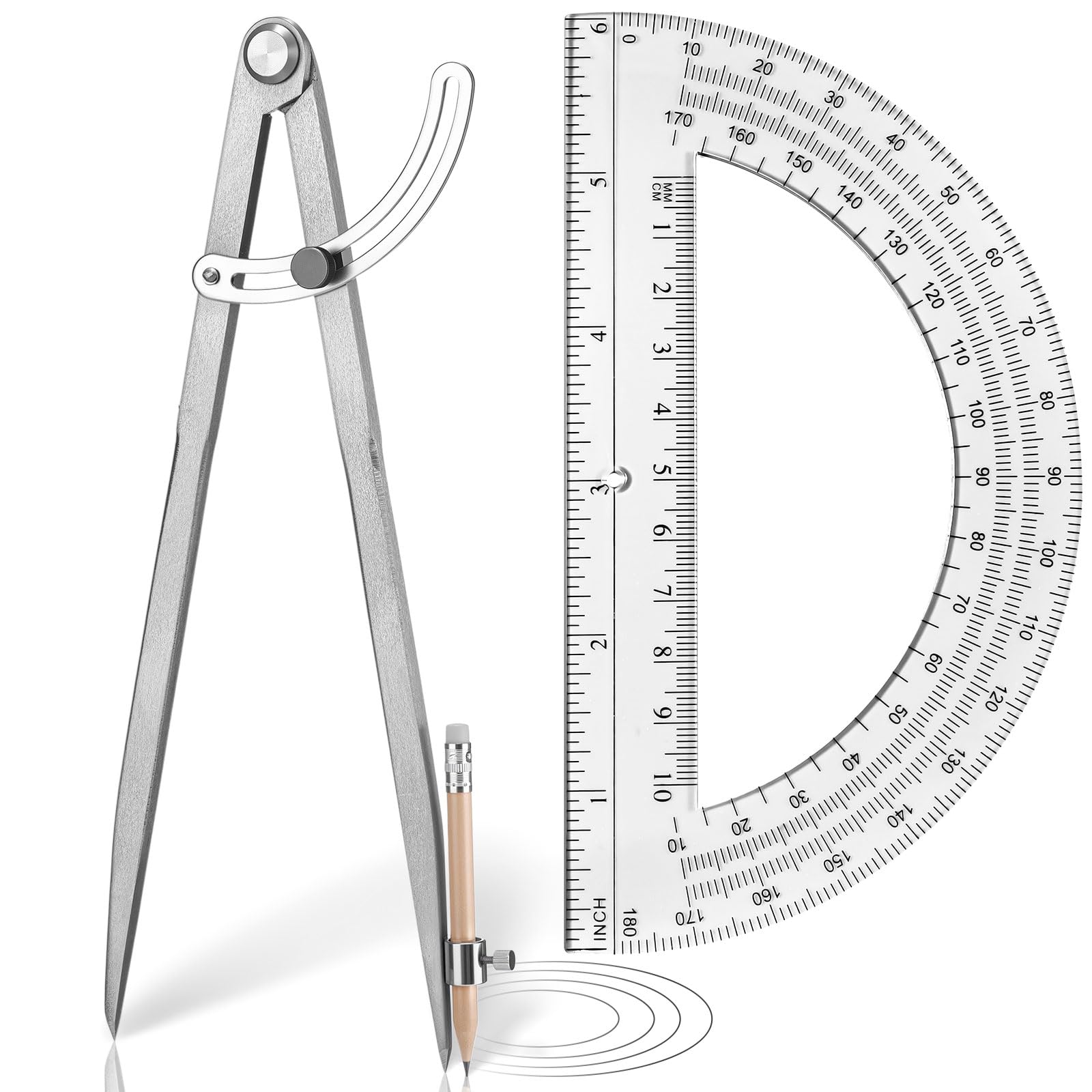 12 Inch Professional Compass for Woodworking with Wing &amp; Protractor, Clear