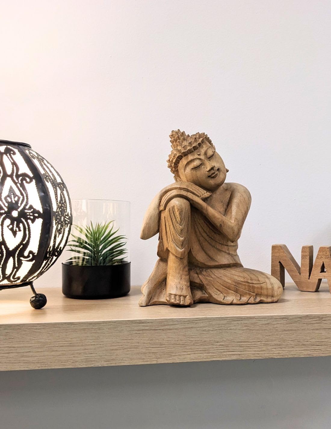 Artisanal Statuetta Buddha pensatore 20 cm Scultura in legno naturale