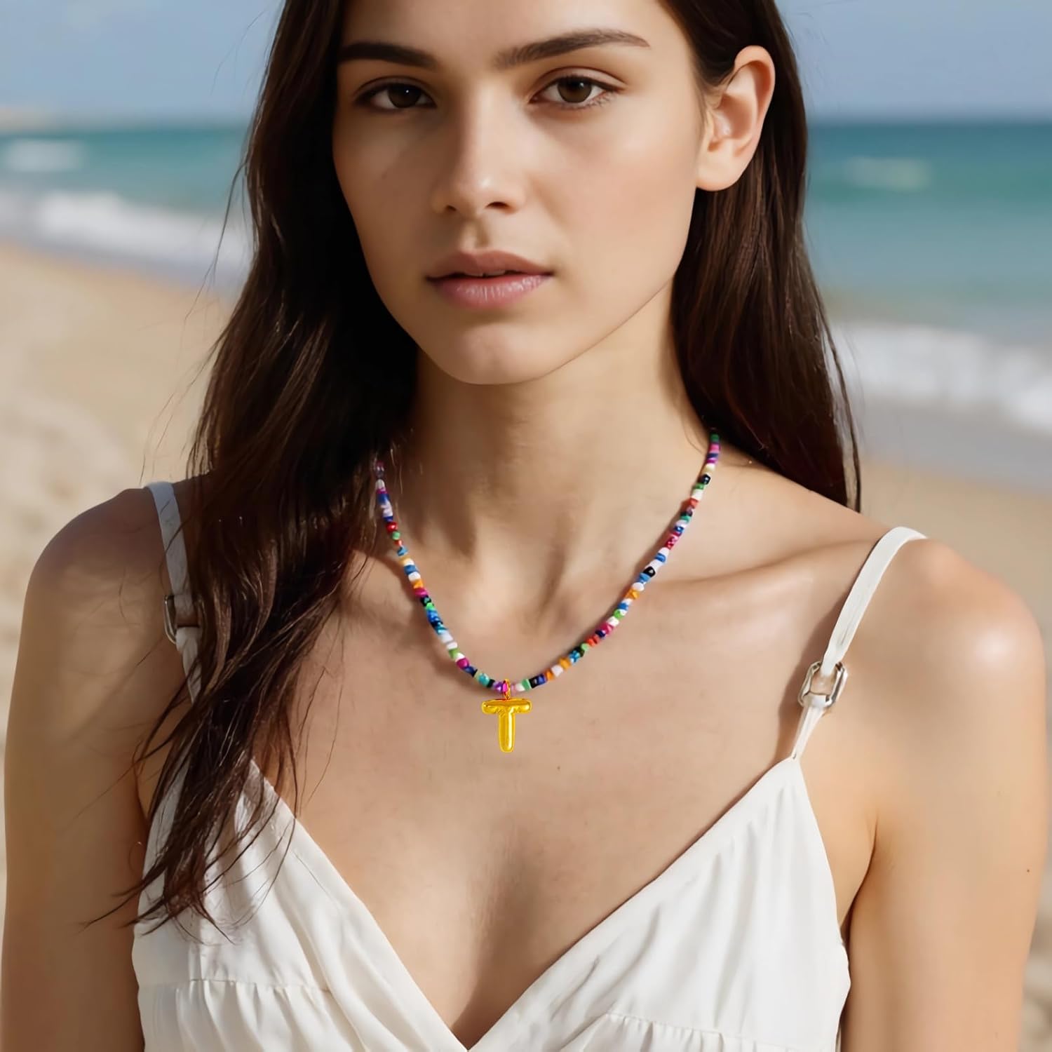 Initial Necklace for Women, Cute Colorful Beaded Necklaces, Gold Bubble Letter Choker Necklace, Summer Beach Boho Necklaces, Trendy Personalized Valentine's Day Jewelry Gifts - Image 4