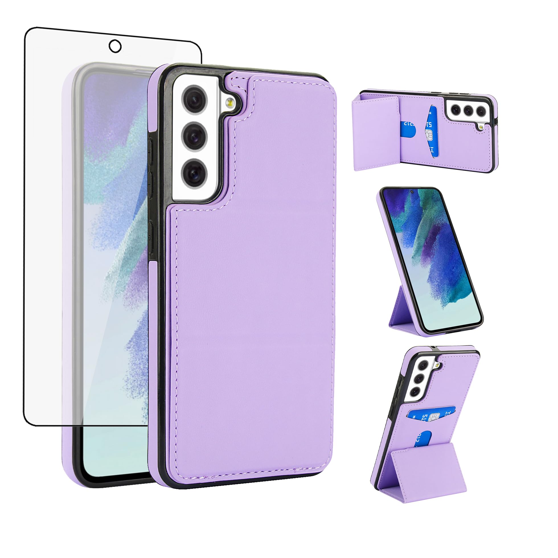 Asuwish Phone Case for Samsung Galaxy S21 FE 5G Wallet Cover with Tempered Glass Screen Protector Slim Credit Card Holder Slot Stand Cell S 21 EF