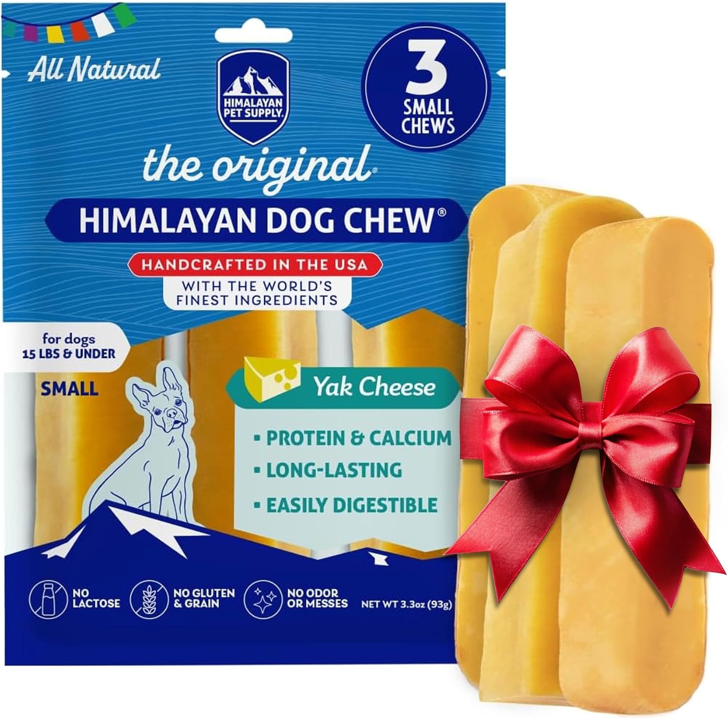 Himalayan Dog Chew Original Yak Cheese Chew, 3 Small Sticks, 1.1 oz, Gluten Free, Healthy Treats, Grain & Lactose Free 100% Natural, Long Lasting for Dogs Under 15 lbs