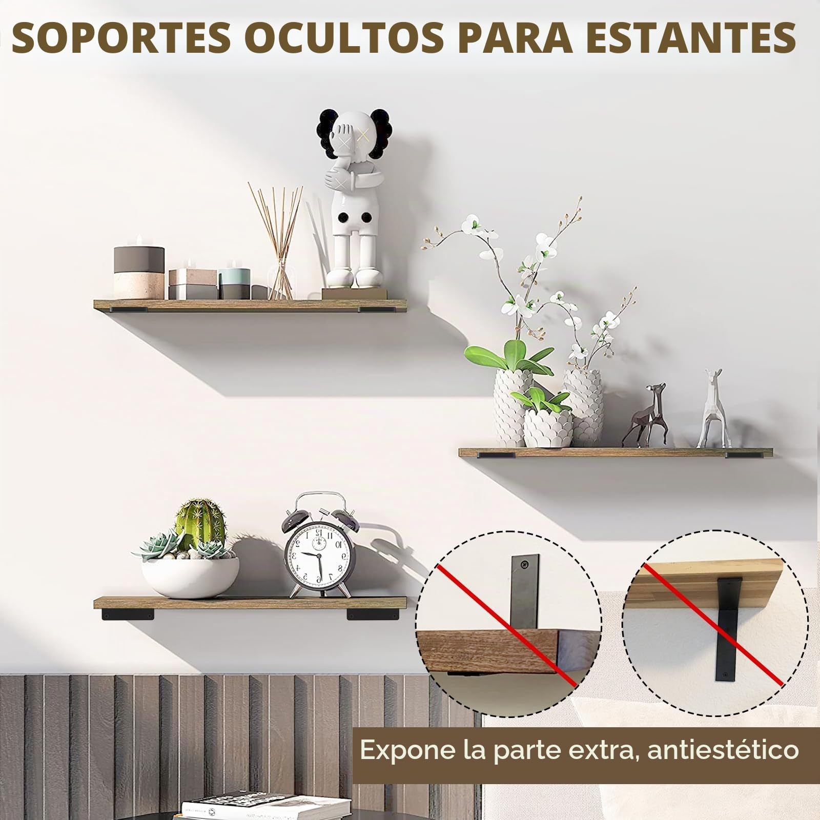 Soporte de estante resistente, soporte flotante rústico para estantes montados en la pared, 6 soportes de estante negros industriales (paquete de 6 pulgadas)