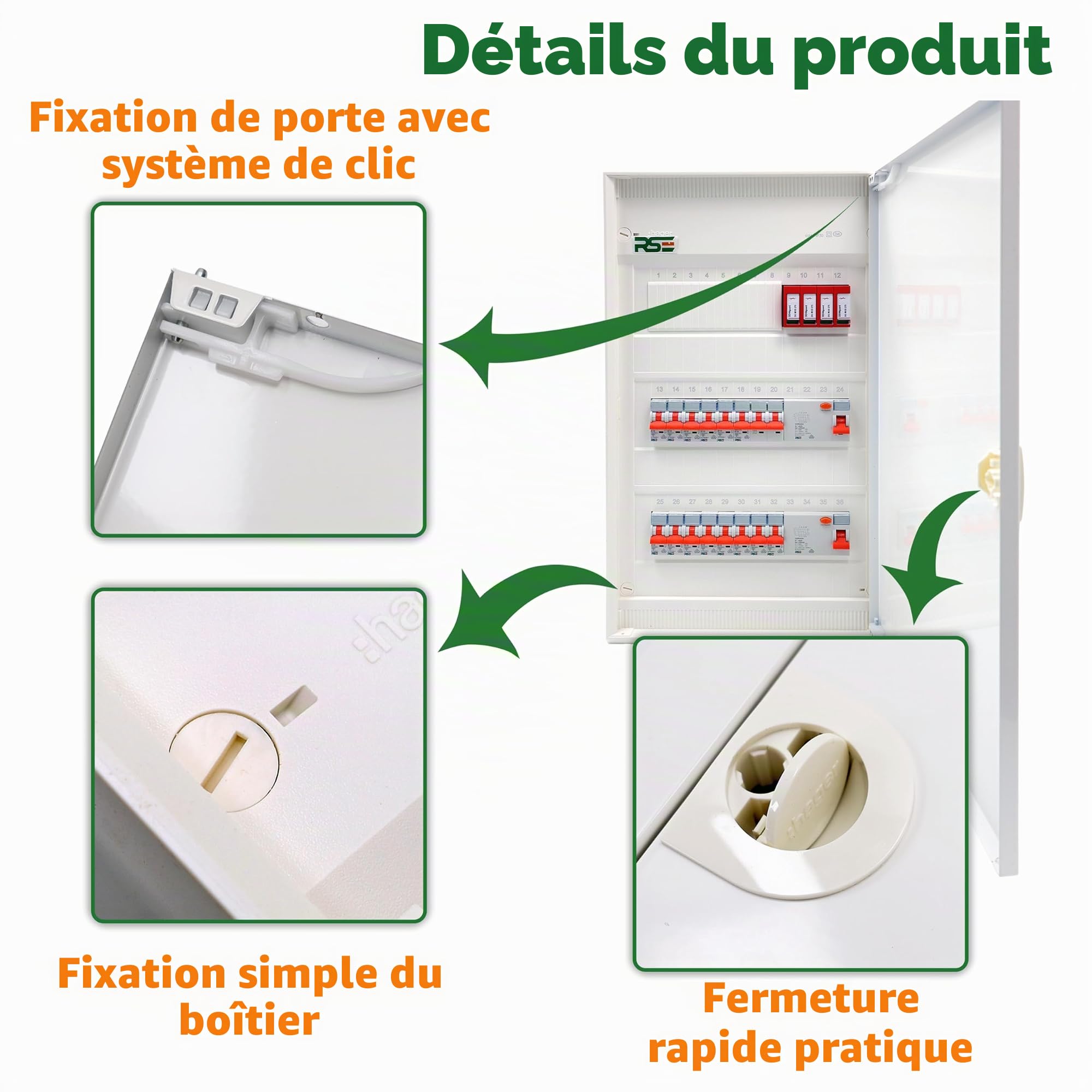 RSE Sous-distribution câblée Boîte à fusibles Encastrée et saillie Boîtier à ossature légère avec Distributeur Hager, En saillie 5 rangées VA60CN, avec protection contre les surtensions