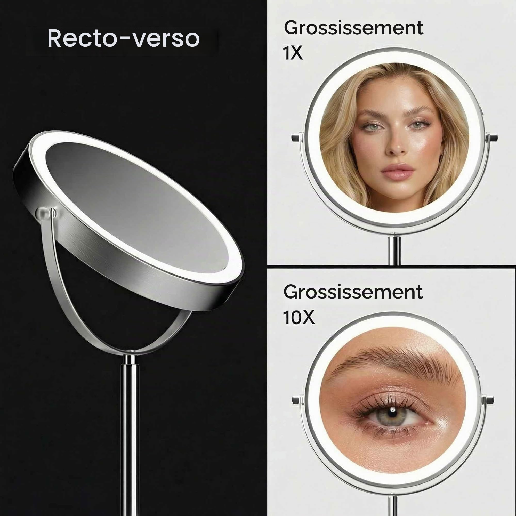 Fancii Miroir de Maquillage Lumineux de 20,3 cm avec grossissement, Hauteur réglable x10/1x, Rechargeable, Miroir de courtoisie Double Face à LED avec lumière et Support, pivotant à 360° (Hailey)