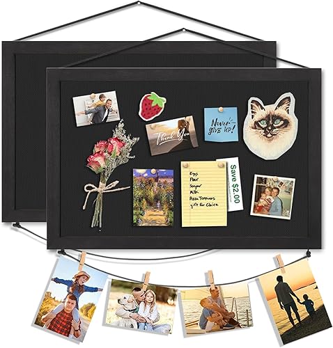 Miratino 2 tablones de anuncios de 16 x 11 pulgadas, tableros de corcho de lino negro para paredes con marco negro, tablero de visión para