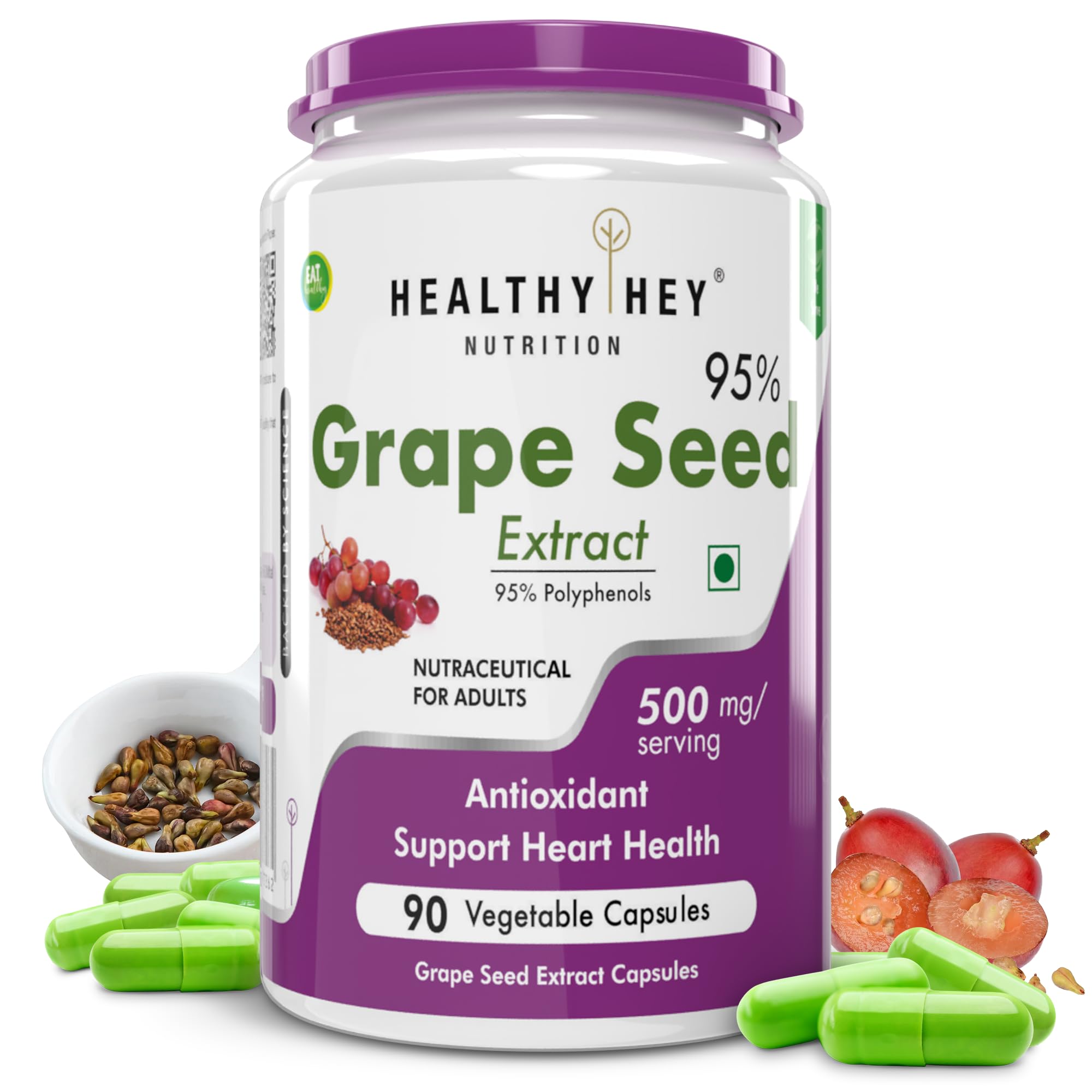 HealthyHey Nutrition Grape Seed Extract | Maximum Strength | 95% Polyphenols | 3 Month Supply | 90 Veggie Caps | (Pack of 1)