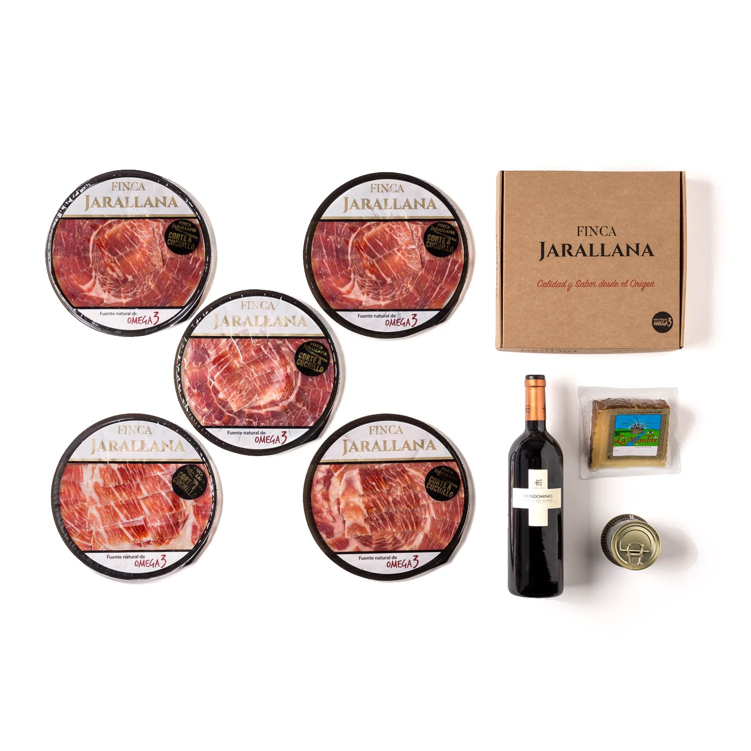 Finca Jarallana - Cesta Gourmet de Jamón Ibérico Loncheado, 1 Lata de Foie, Cuña Queso de Oveja y 1 Botella de Vino - Lote Especial Ideal para Regalo