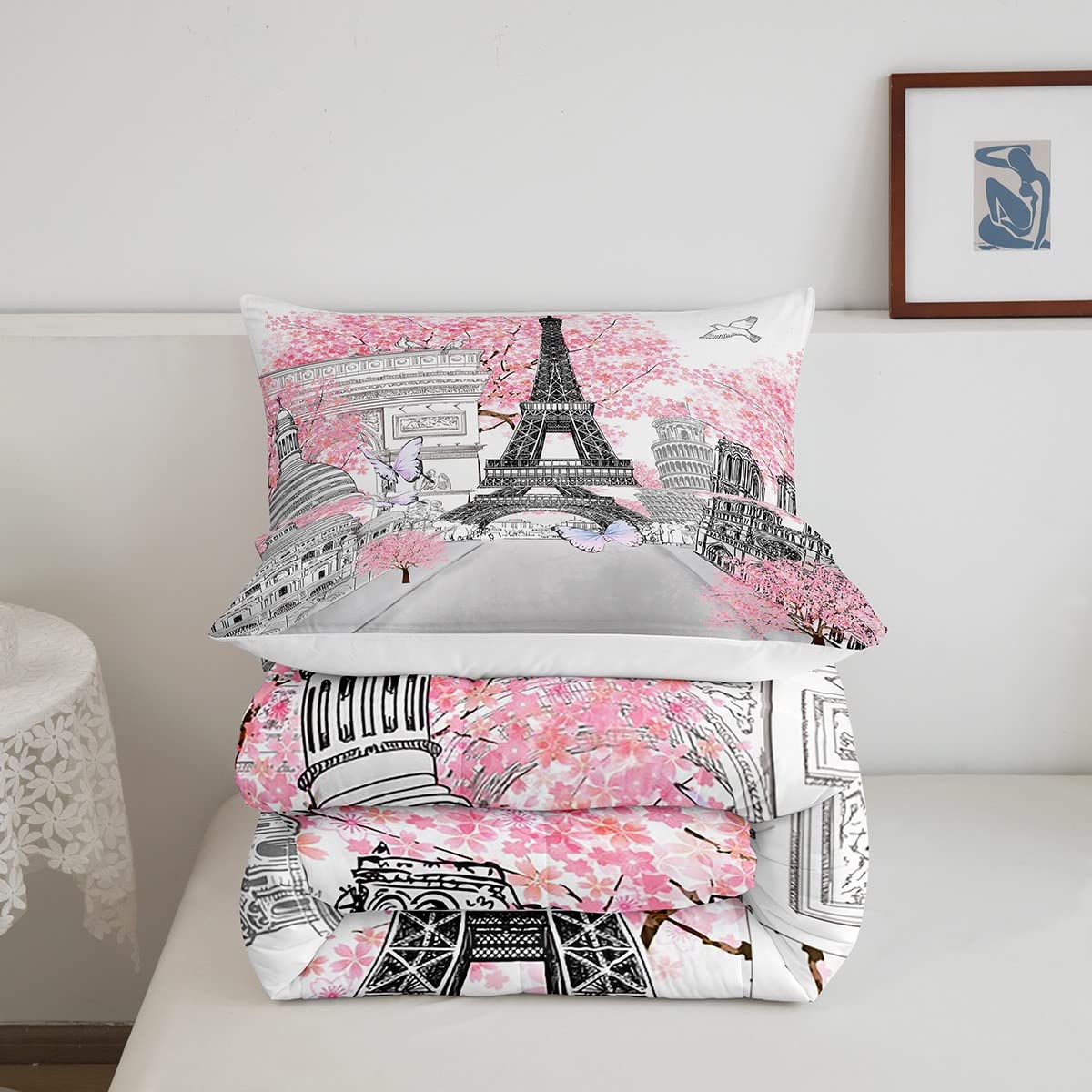 Eiffel Tower Bedding Set - Pink Cherry Blossom Paris Theme Comforter, Twin Size, 68x90 Inches, Decorative Duvet Insert With Pillowcase - View #3