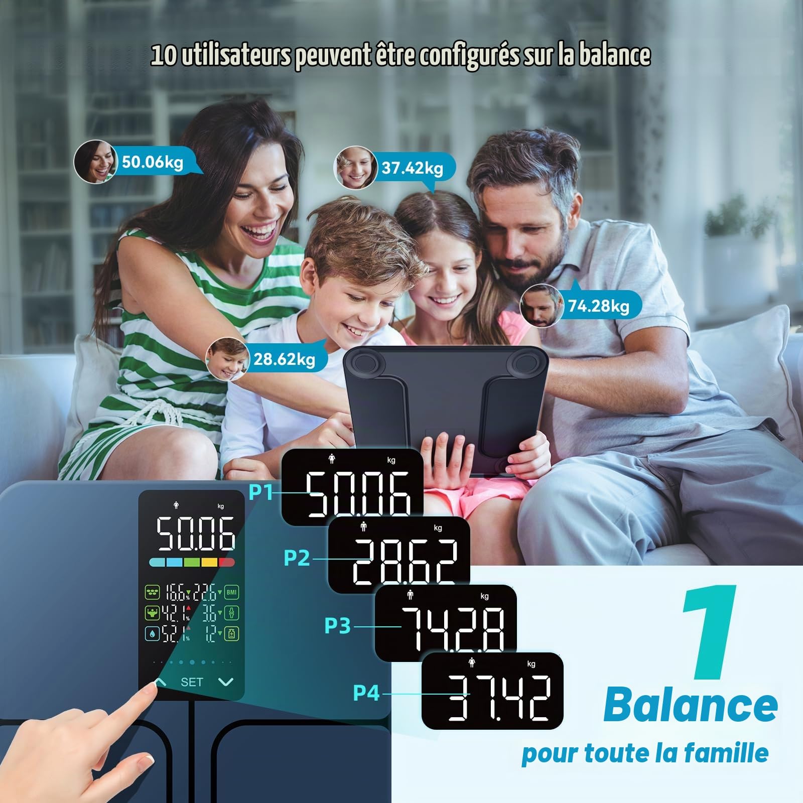 Balance Pese Personne Sans Application, 227 Kg, 5,44" Grand Écran, 8 Indicateurs Avec Technologie Revêtement ITO, Pese Personne Masse Graisseuse Et Muscle, 10 Identifiants Utilisateur, 30*30 cm