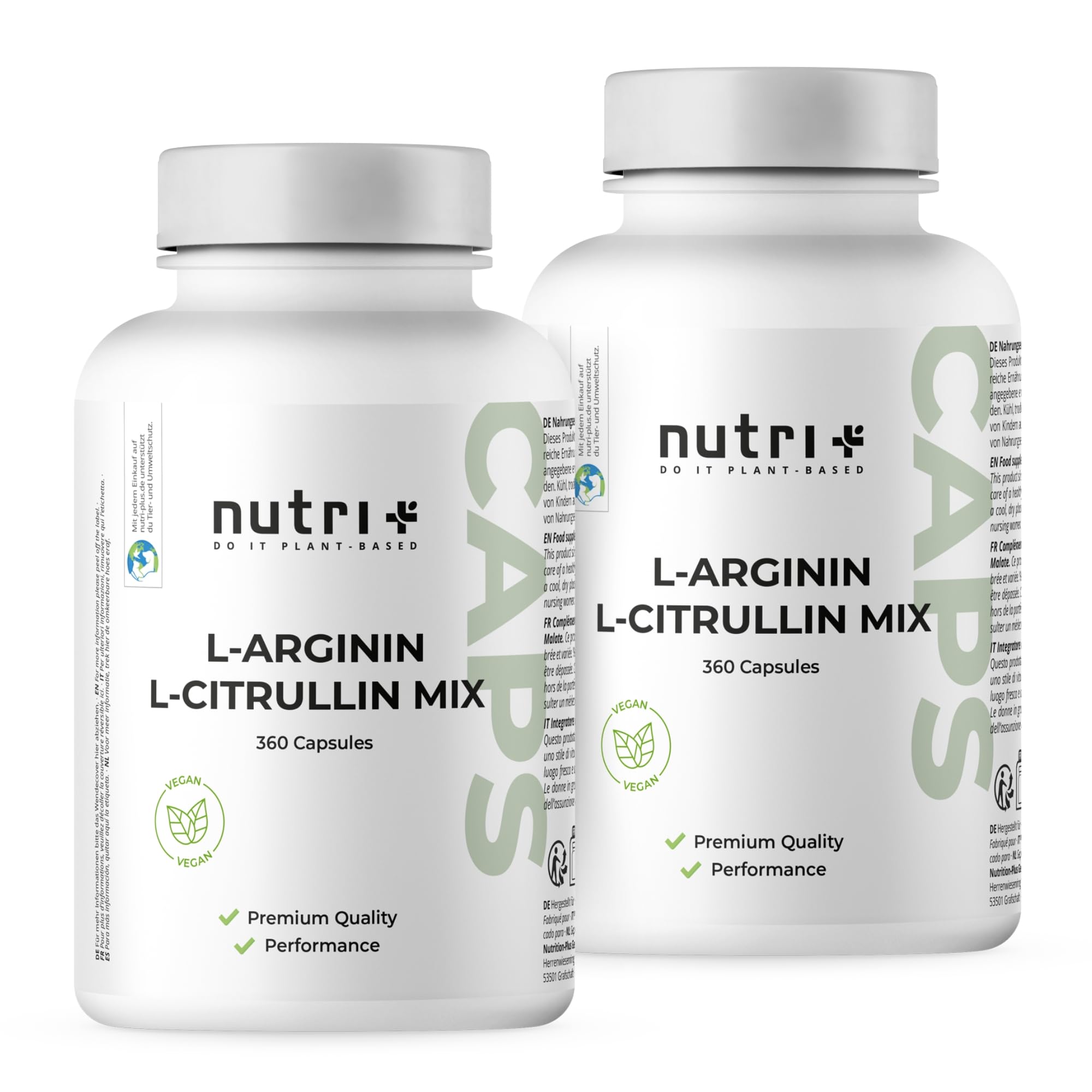 Nutri + Arginin Citrullin Kapseln - 360 Caps hochdosiert + vegan - 3000 mg L-Citrullin Malat + L-Arginin Base - Premiumqualität ohne + Zusätze