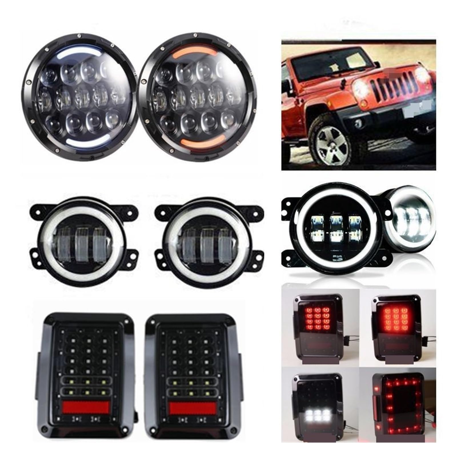 Halo Angel Eye 105W 7" Reflektor LED + 4'' Światło przeciwmgielne + lampa tylna Kompatybilne z Jeep JK Wrangler(USA VERSION)